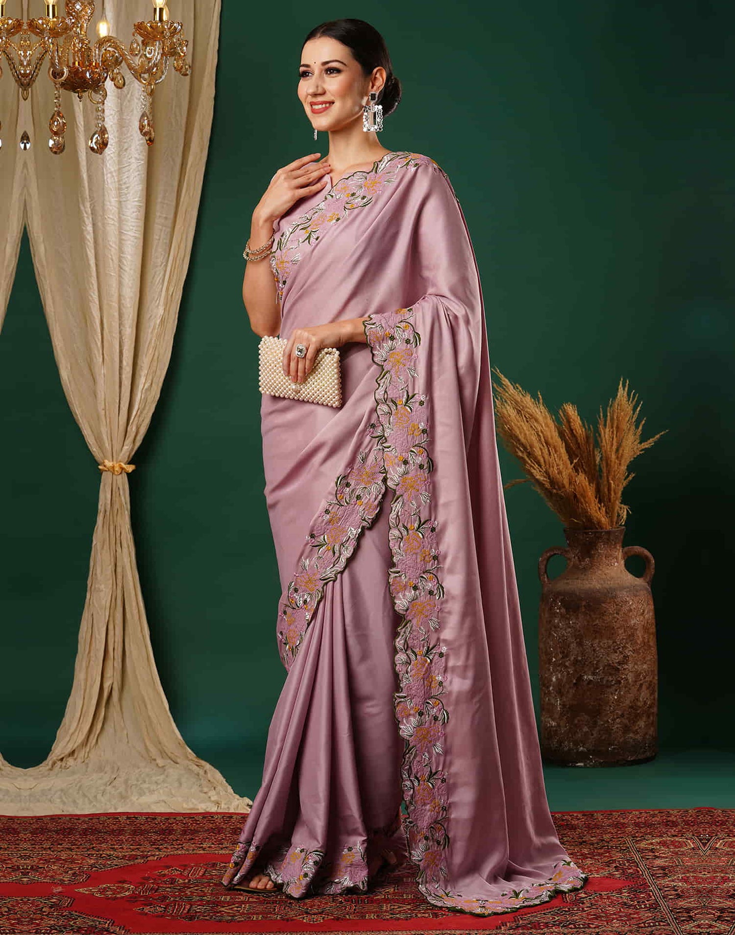 Dusty Pink Embroidery Satin Saree