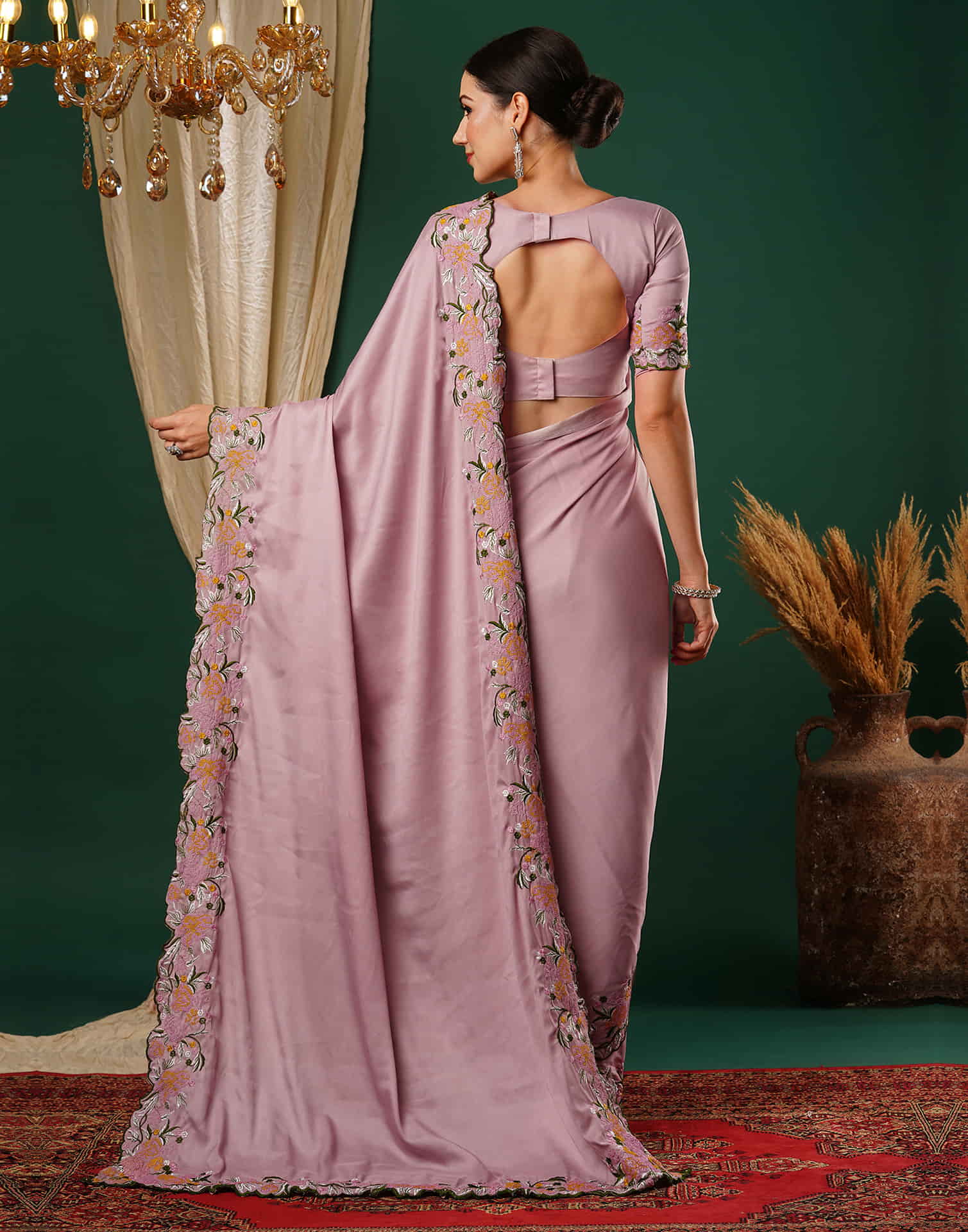 Dusty Pink Embroidery Satin Saree