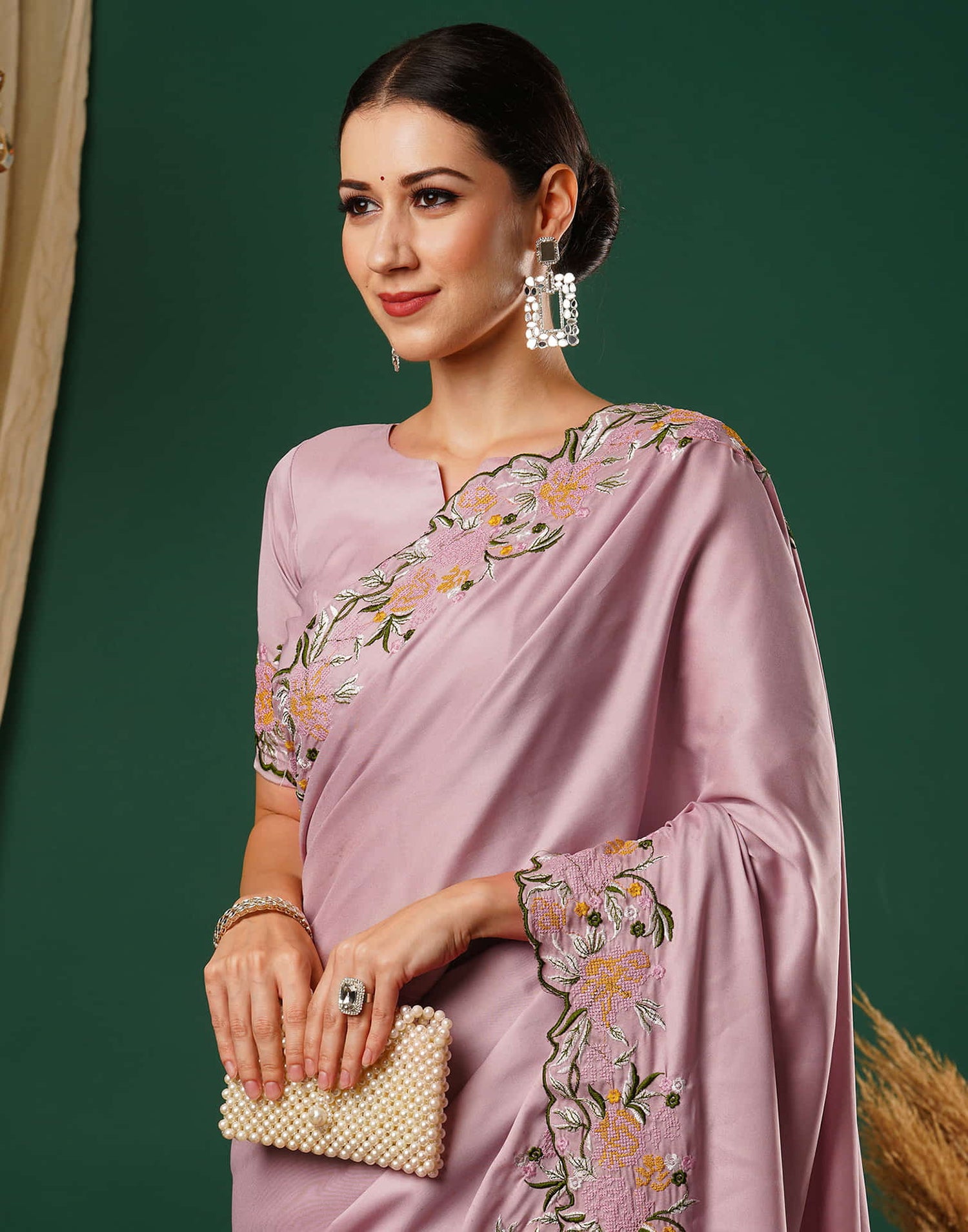 Dusty Pink Embroidery Satin Saree