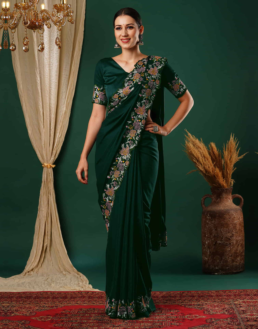 Dark Green Embroidery Satin Saree