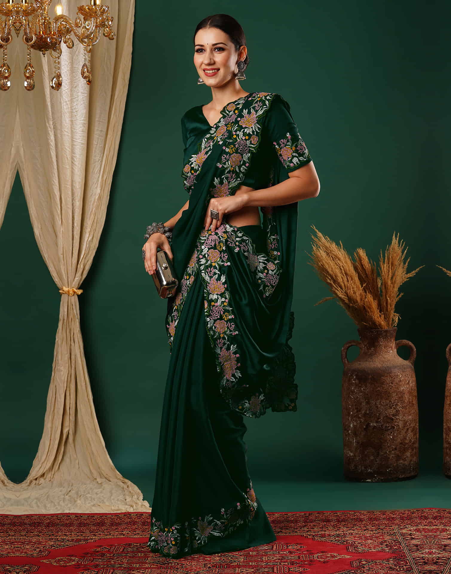 Dark Green Embroidery Satin Saree