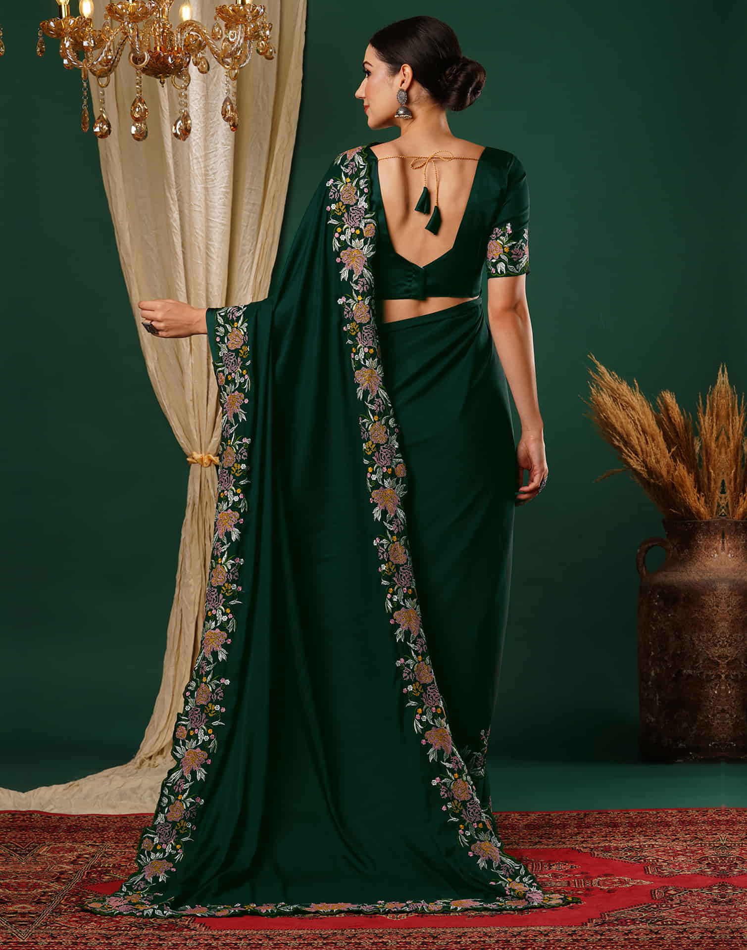 Dark Green Embroidery Satin Saree