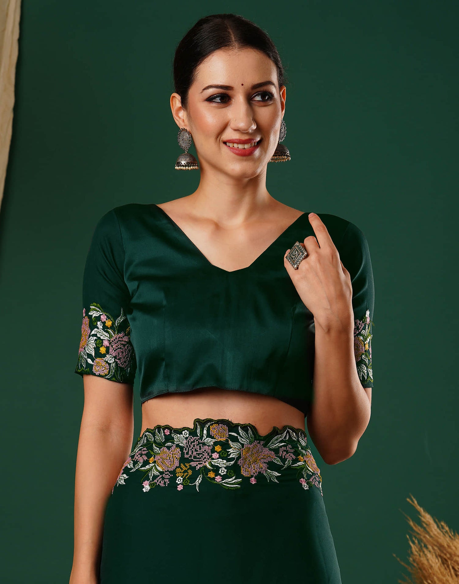 Dark Green Embroidery Satin Saree