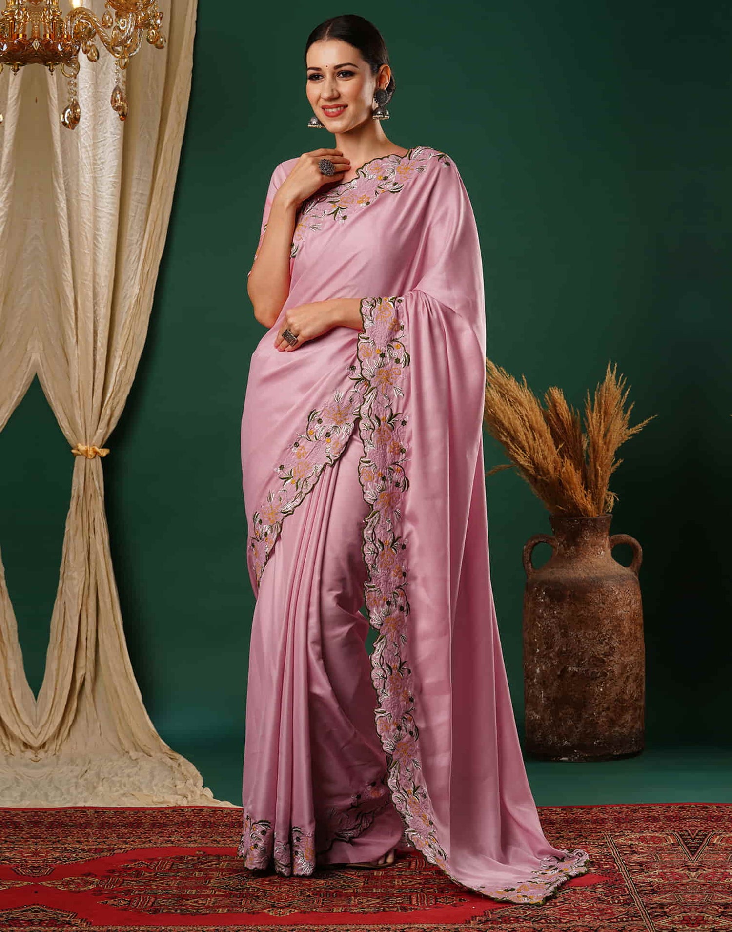 Rose Pink Embroidery Satin Saree