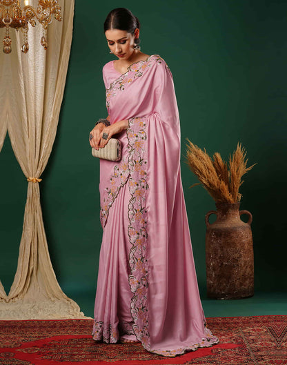 Rose Pink Embroidery Satin Saree