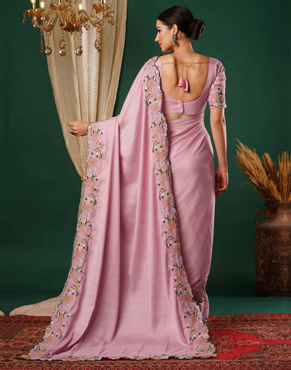 Rose Pink Embroidery Satin Saree