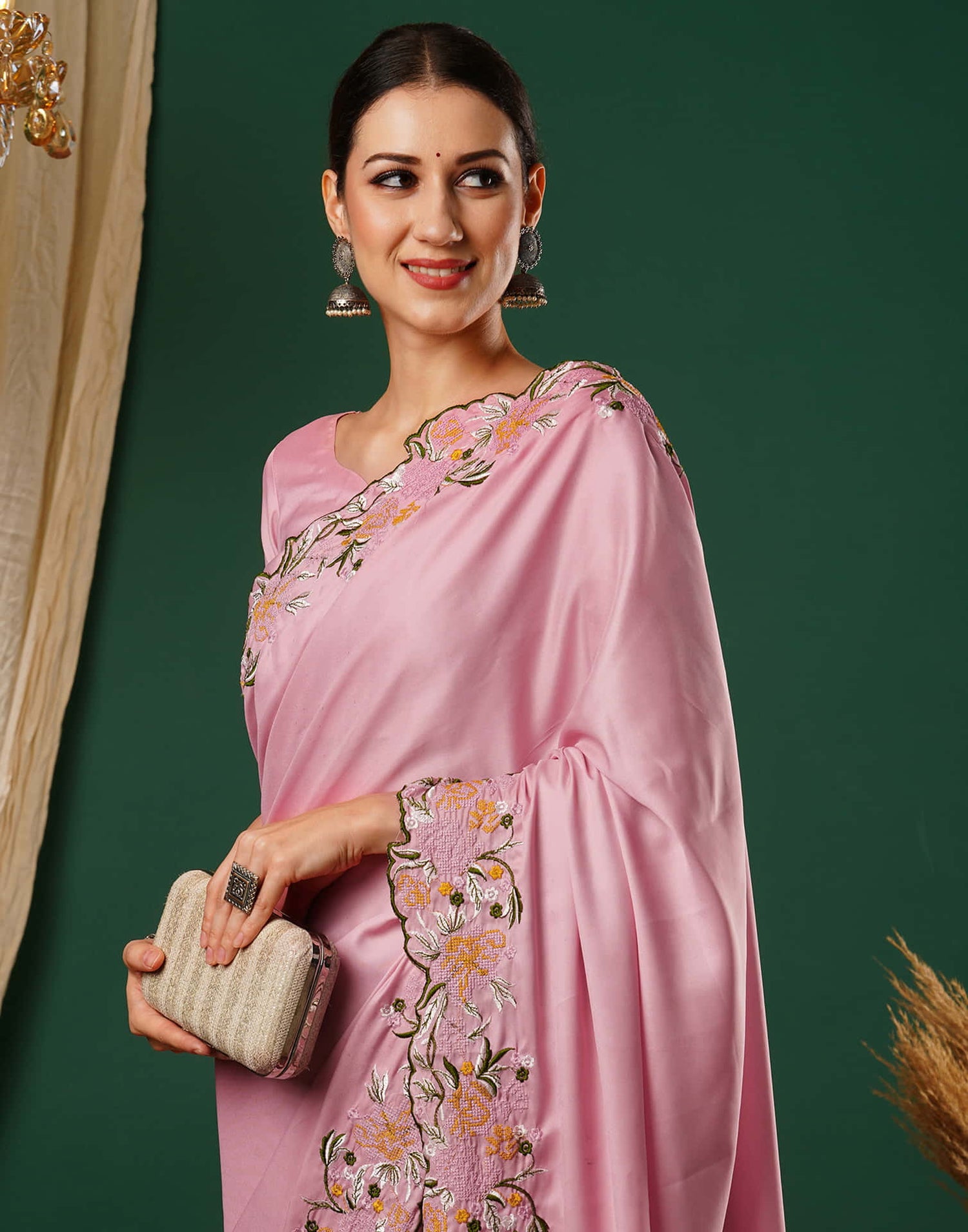 Rose Pink Embroidery Satin Saree