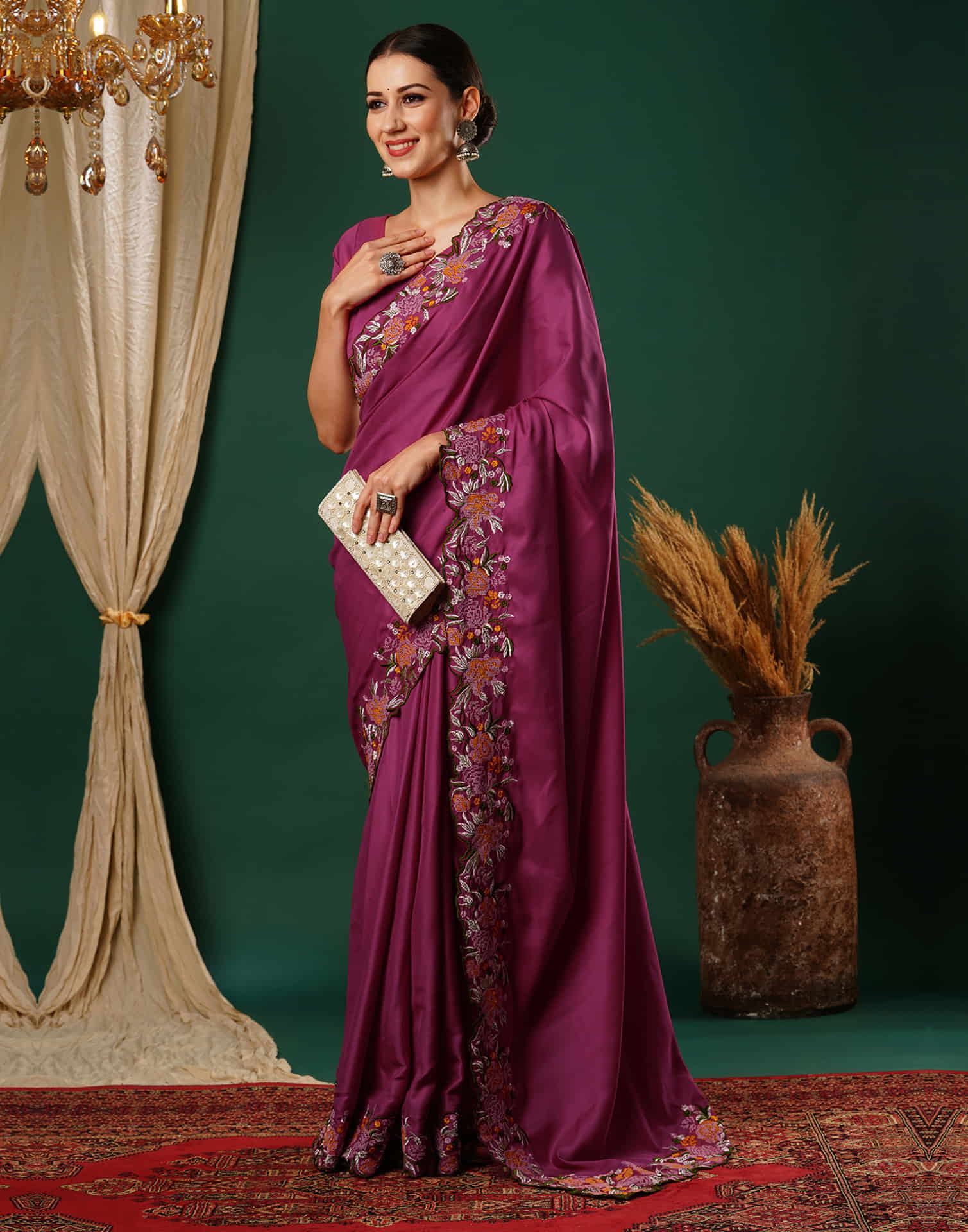 Rani Pink Embroidery Satin Saree