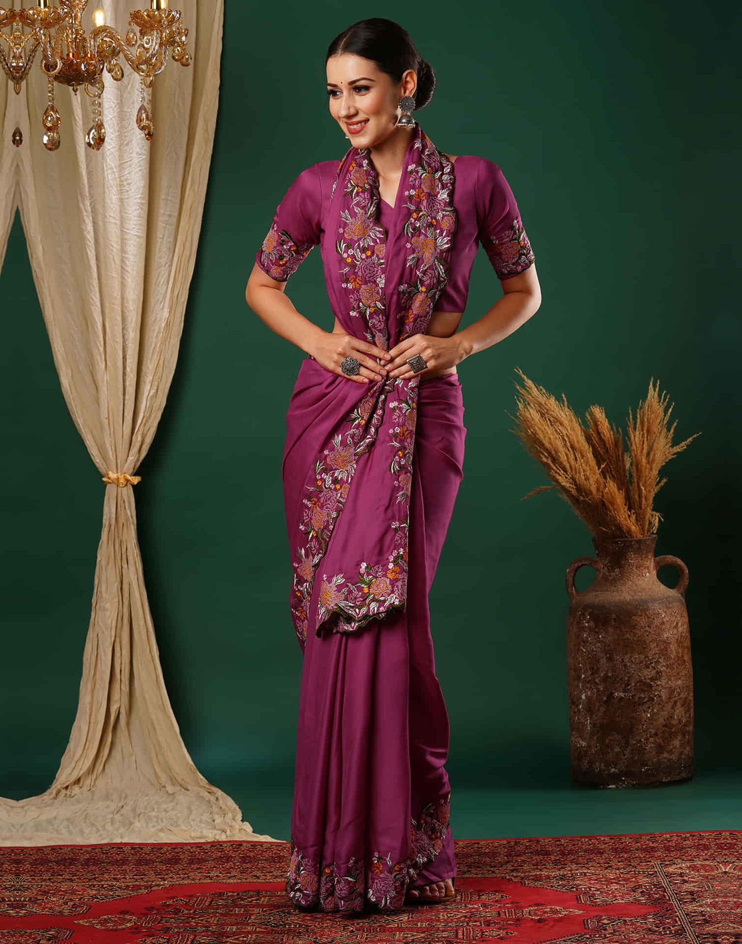 Rani Pink Embroidery Satin Saree