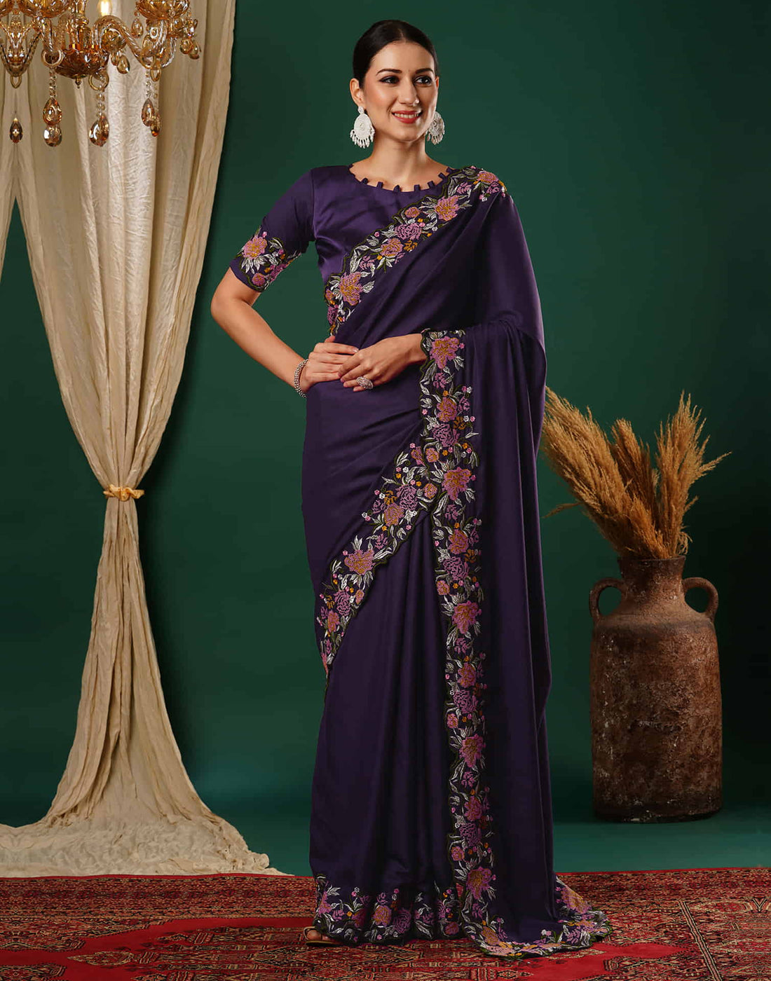 Deep Purple Embroidery Satin Saree