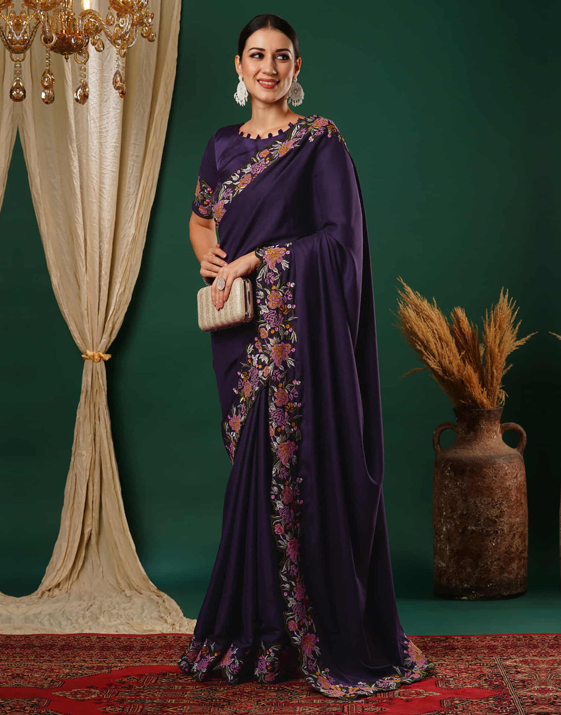 Deep Purple Embroidery Satin Saree