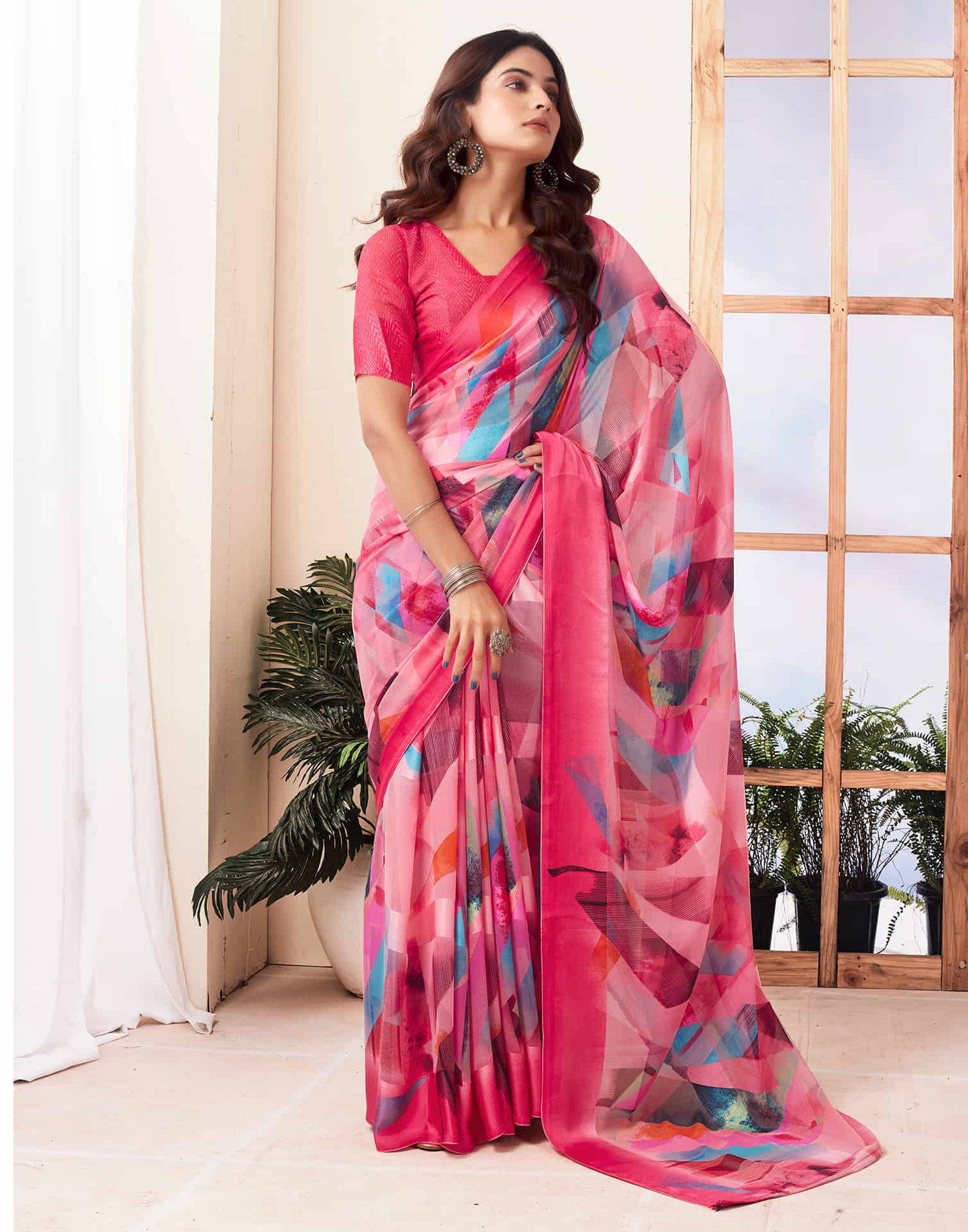 Rose Pink Geometric  Printed Georgette Saree