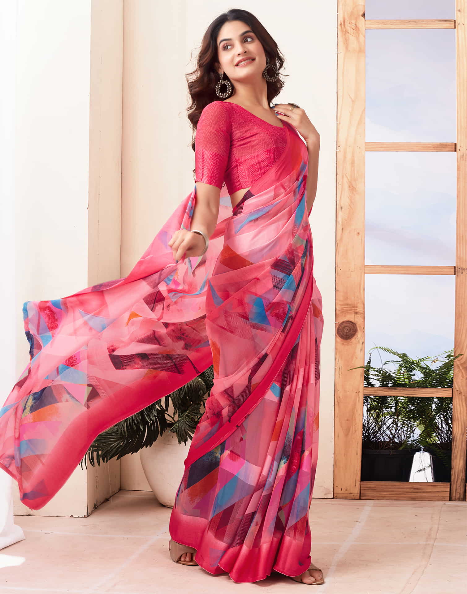 Rose Pink Geometric  Printed Georgette Saree