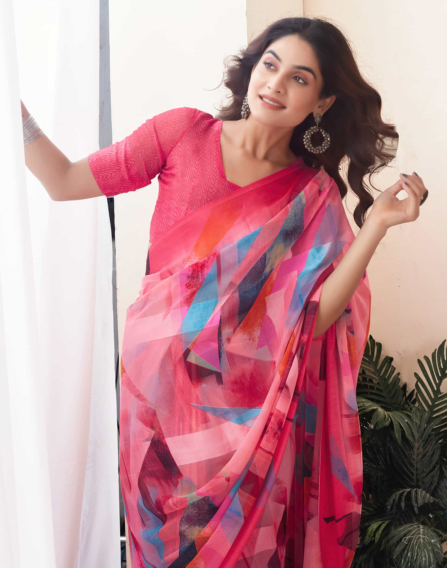 Rose Pink Geometric  Printed Georgette Saree