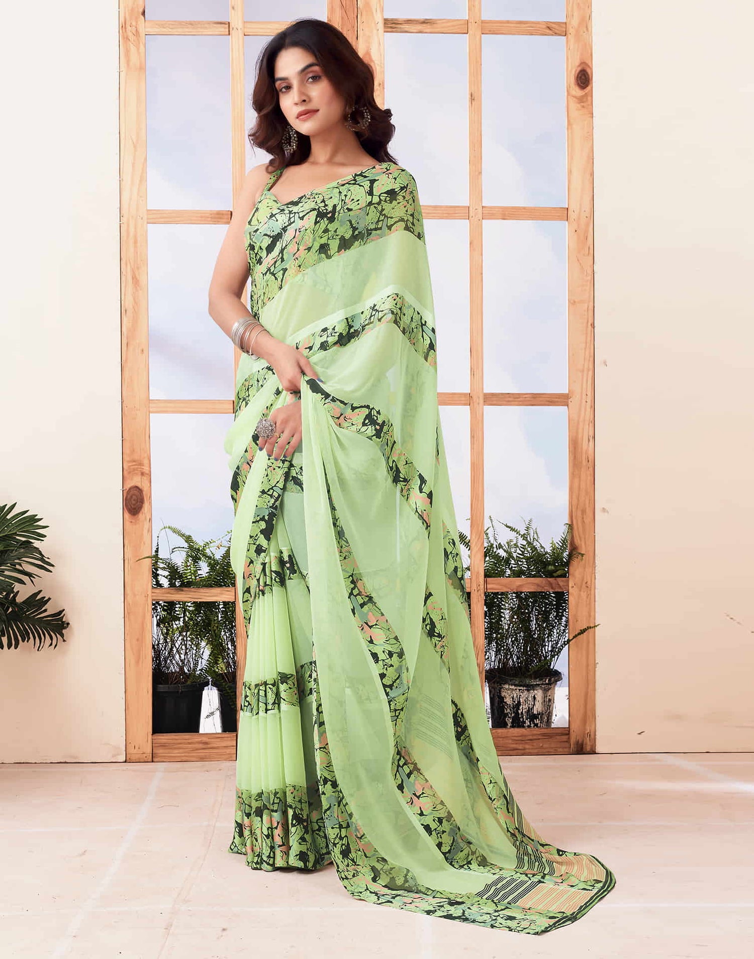 Light Green Printed Georgette Saree