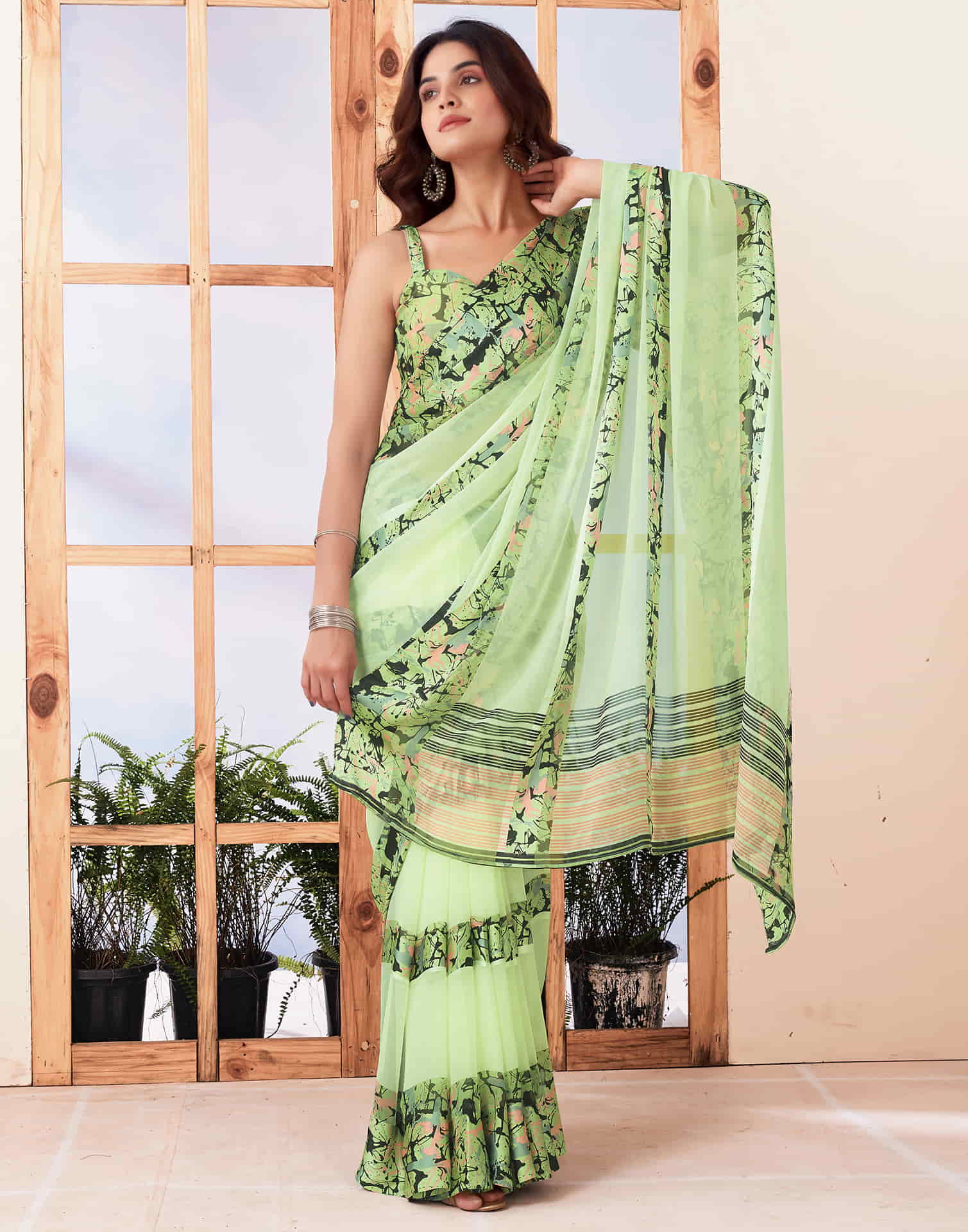 Light Green Printed Georgette Saree