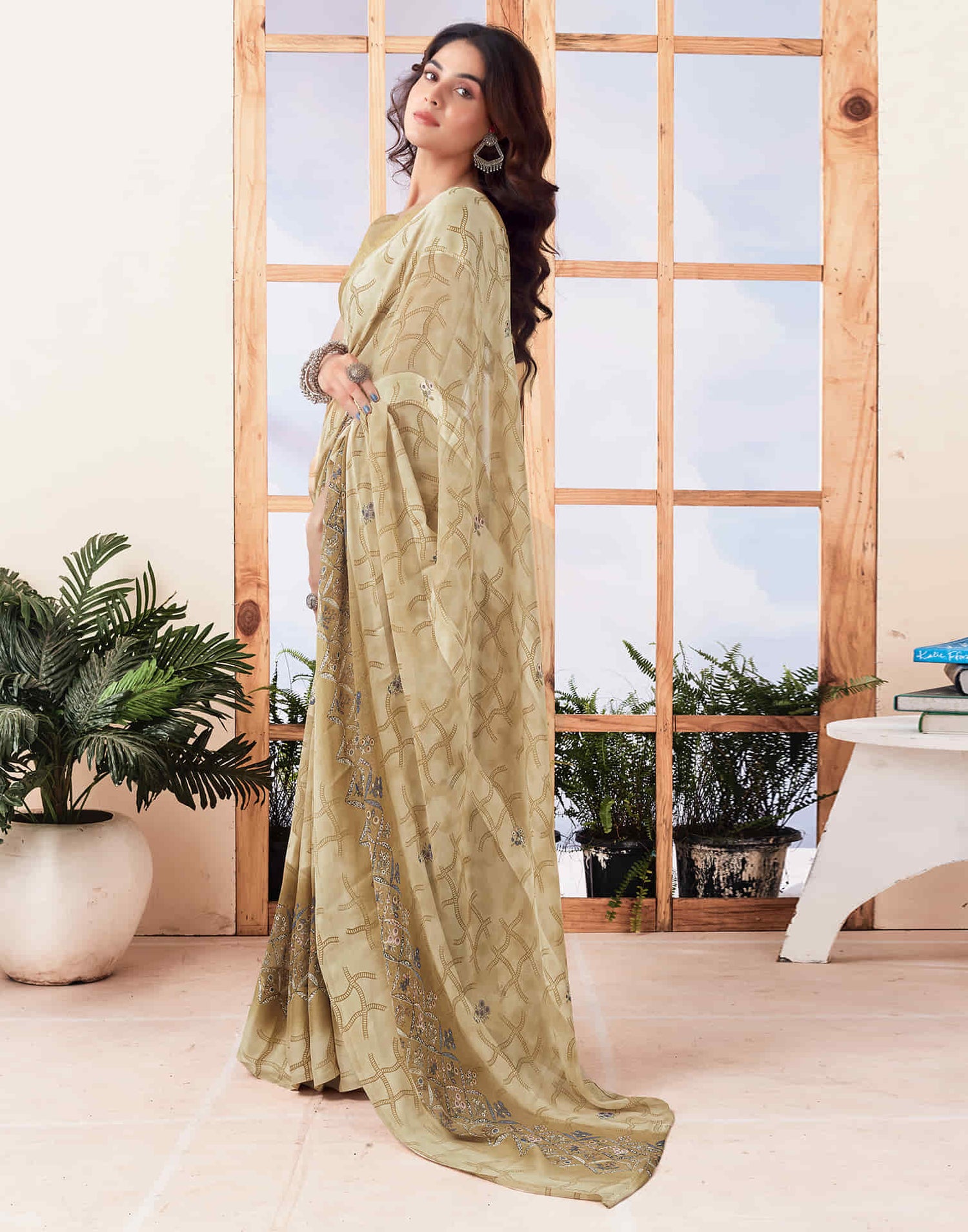 Beige Printed Georgette Saree