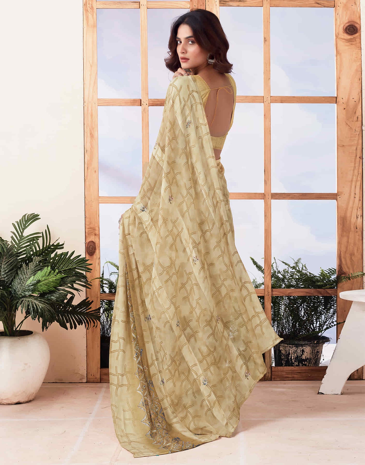 Beige Printed Georgette Saree