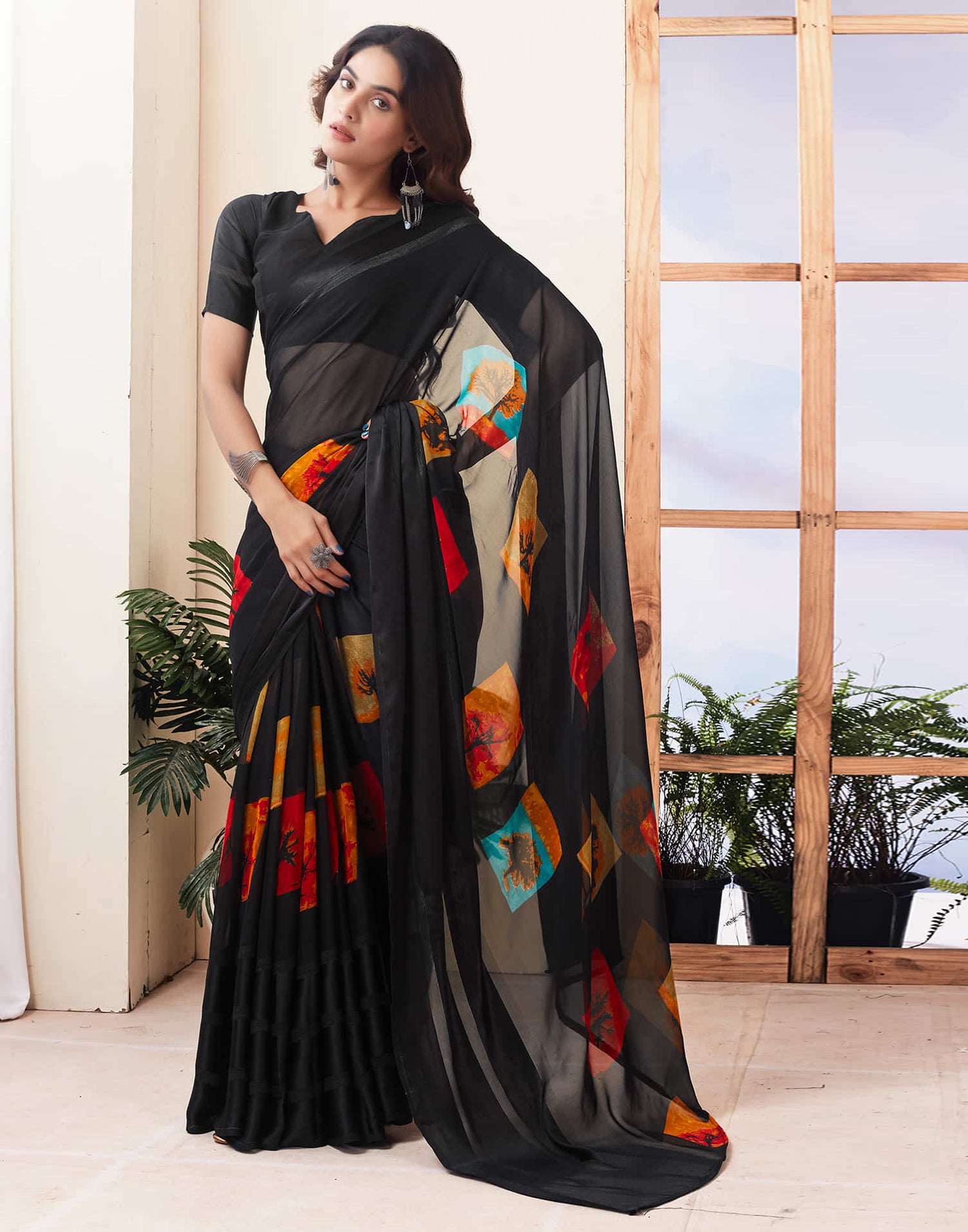 Black Printed Georgette Saree