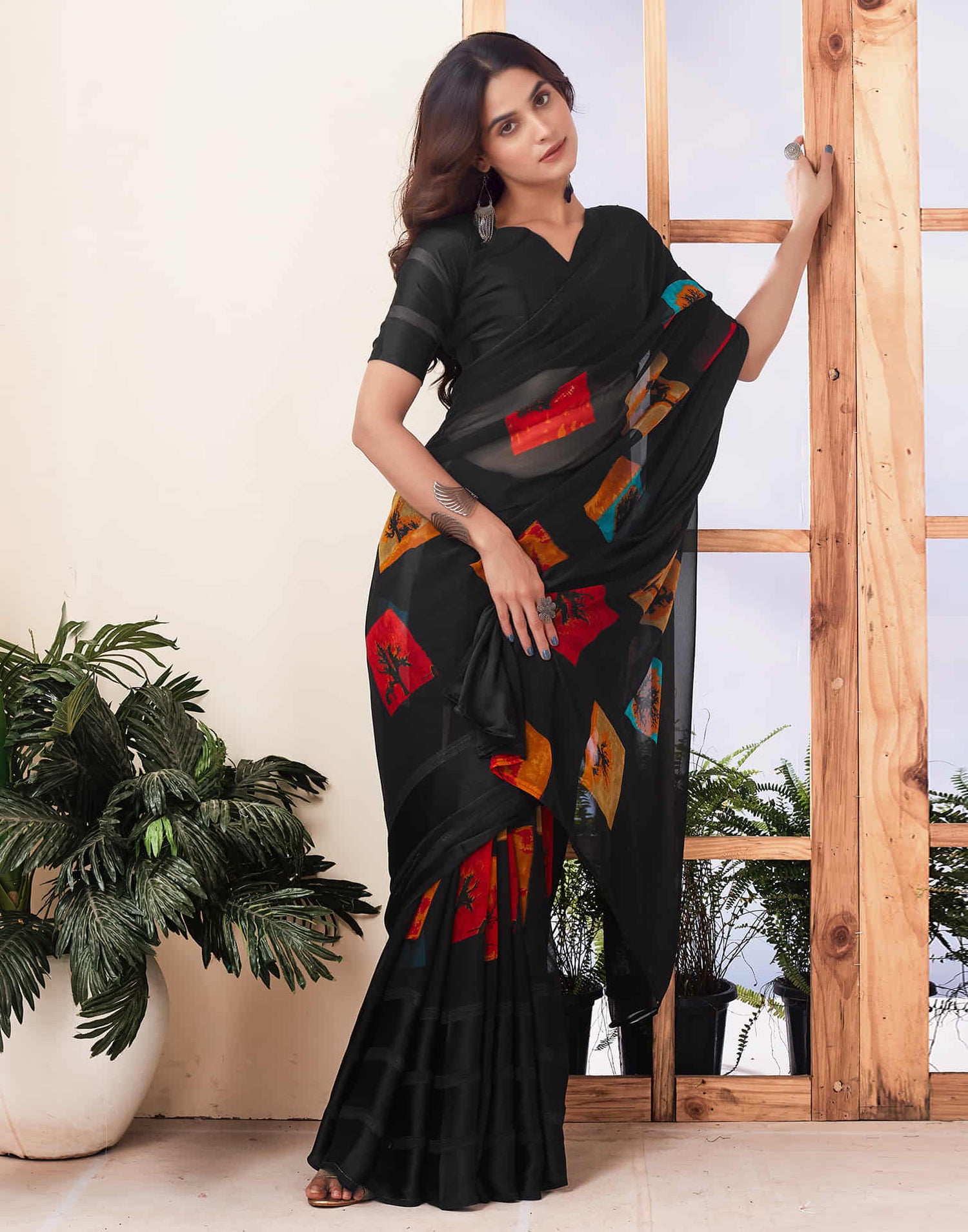 Black Printed Georgette Saree