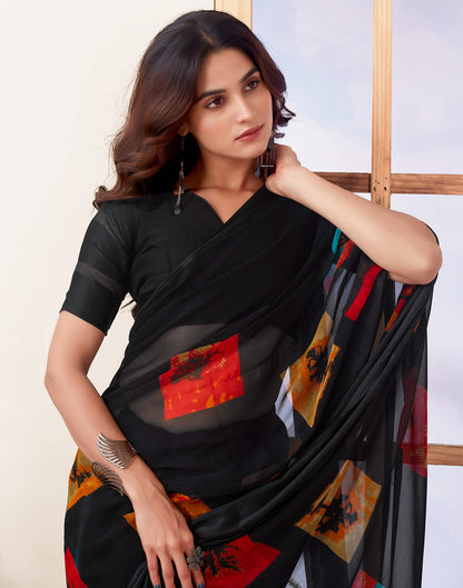 Black Printed Georgette Saree