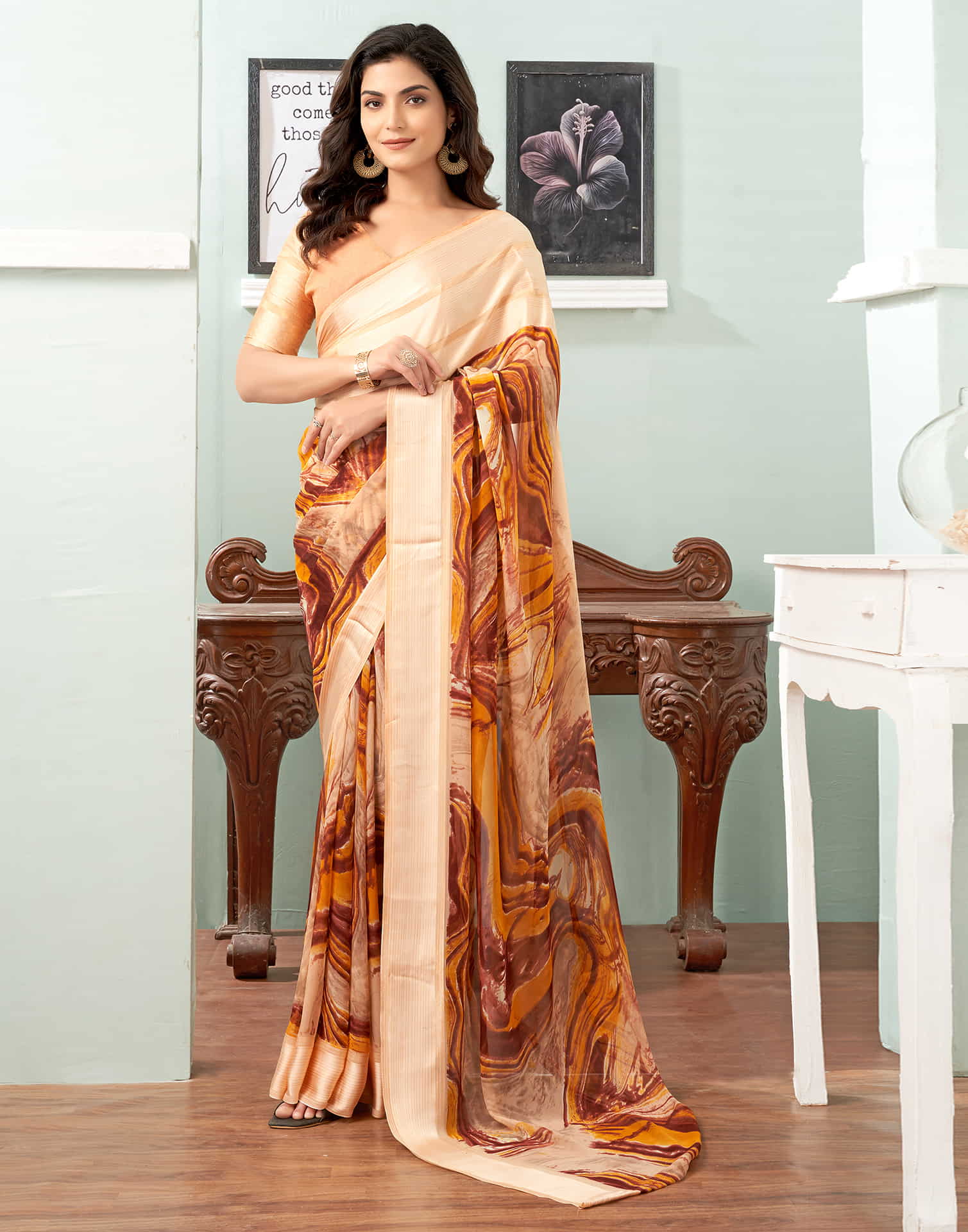 Cream Printed Georgette Saree