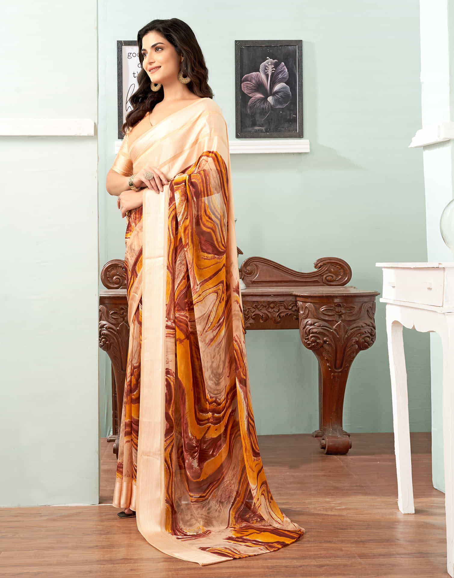 Cream Printed Georgette Saree