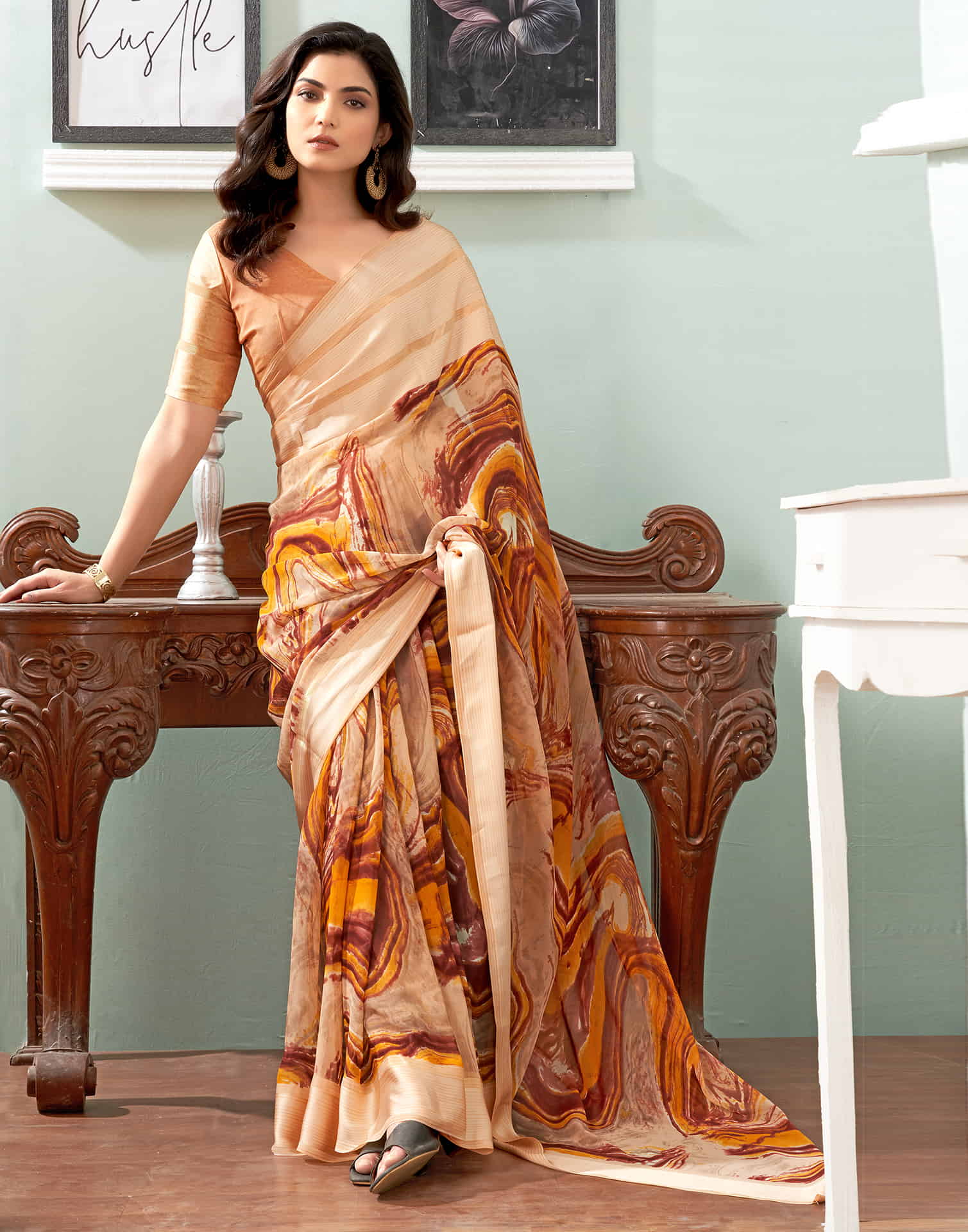 Cream Printed Georgette Saree