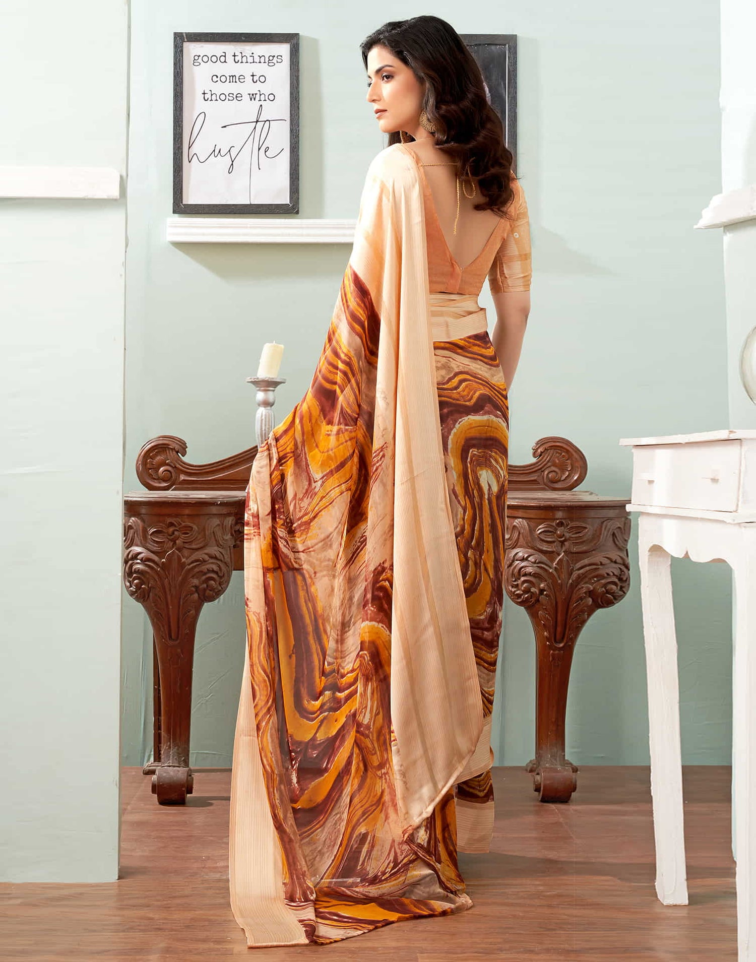 Cream Printed Georgette Saree