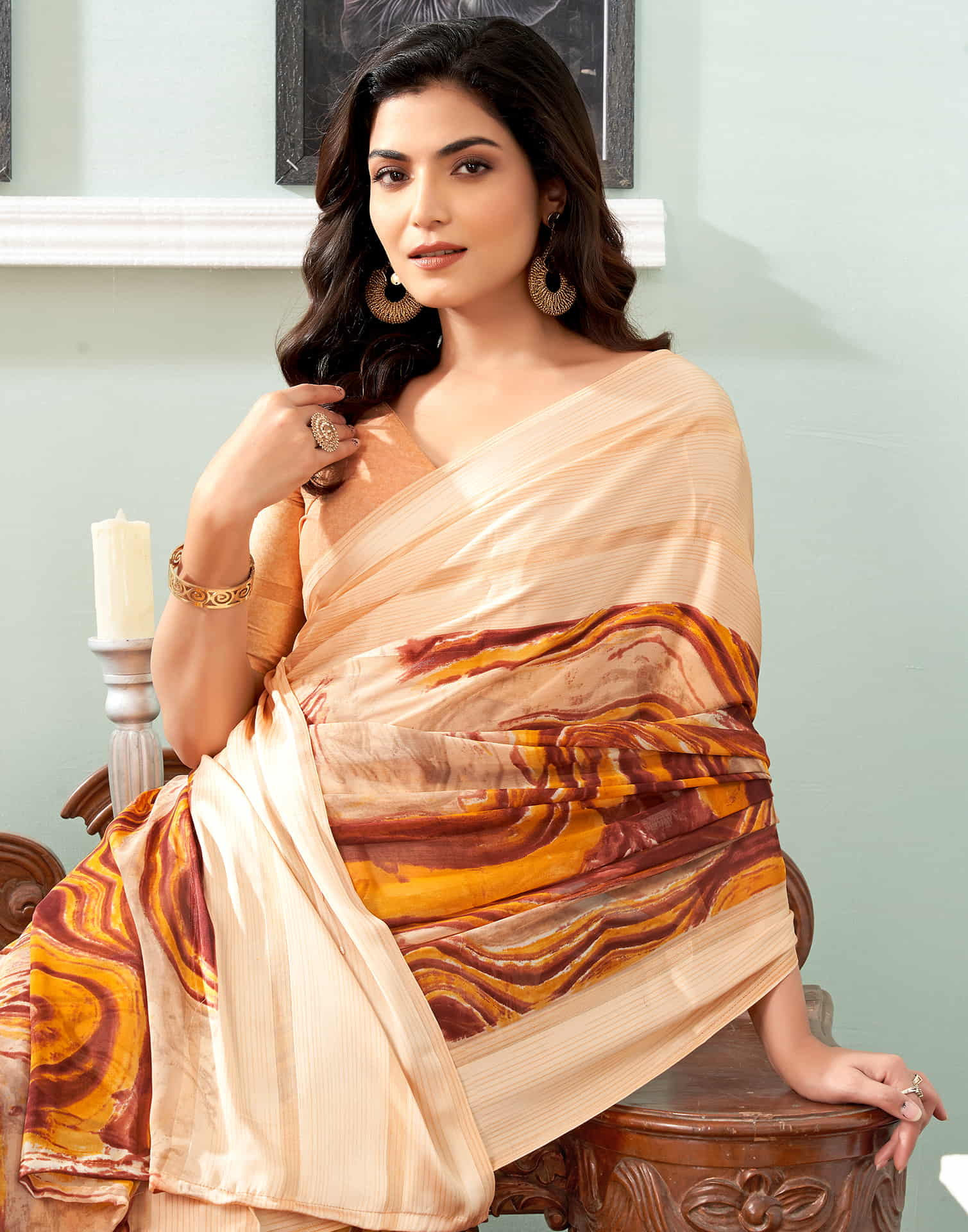 Cream Printed Georgette Saree