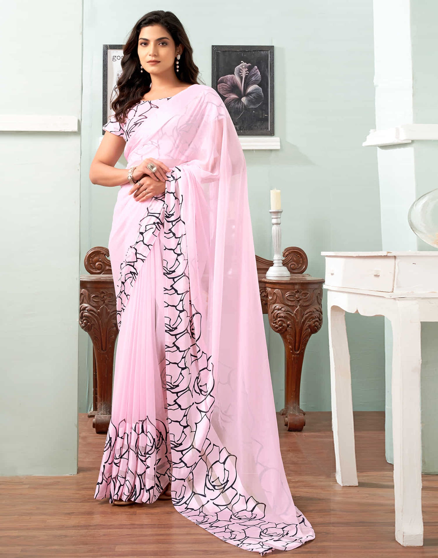 Light Pink  Printed Georgette Saree