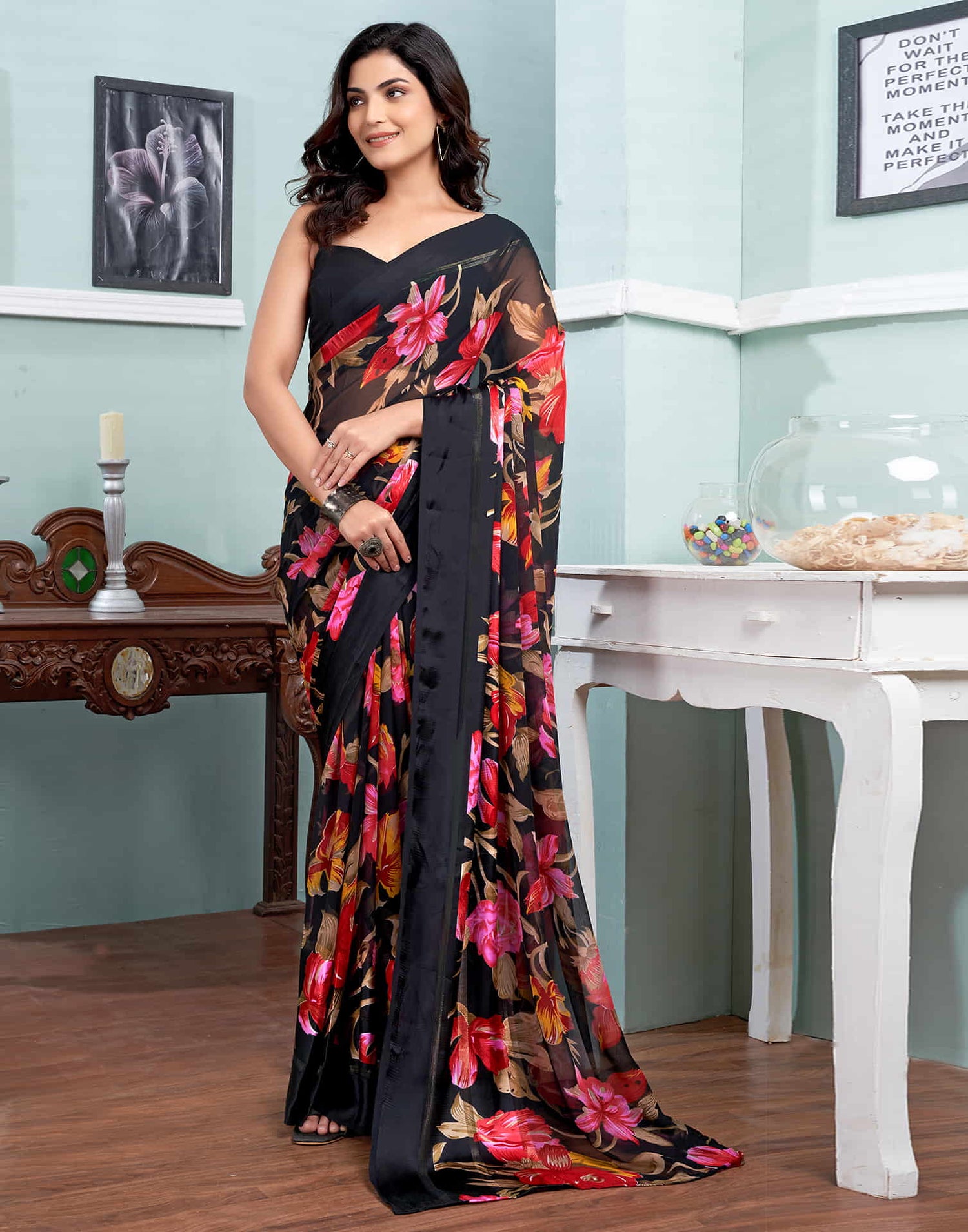 Black Printed Georgette Saree