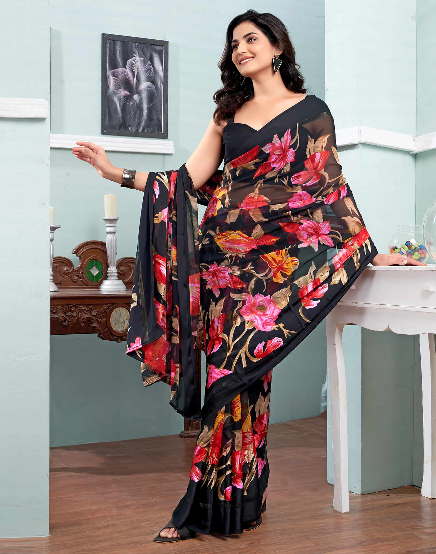 Black Printed Georgette Saree