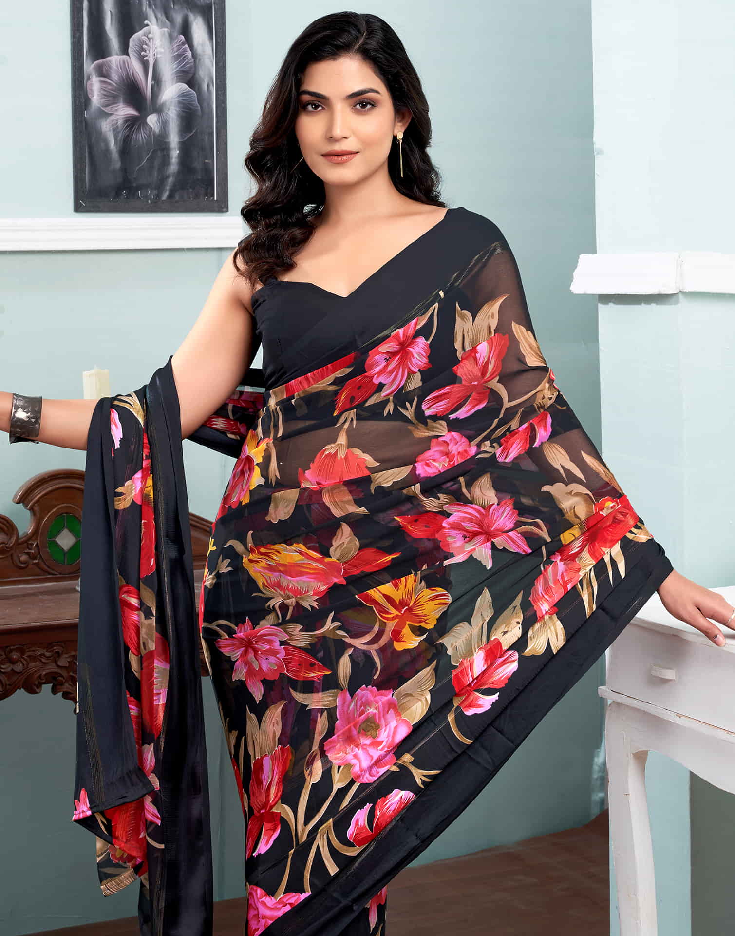 Black Printed Georgette Saree