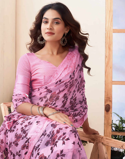 Pink Printed Georgette Saree