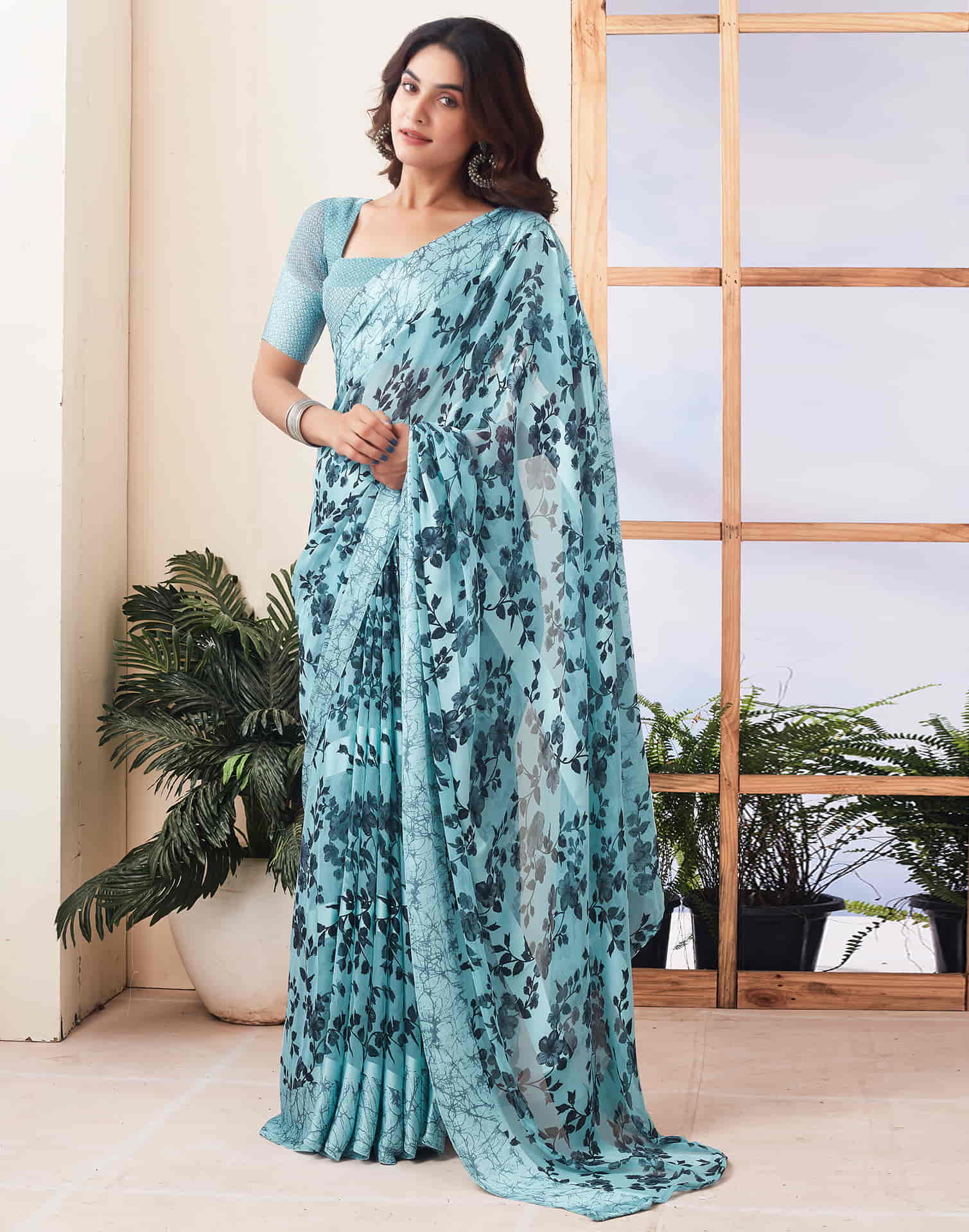 Sky Blue Printed Georgette Saree