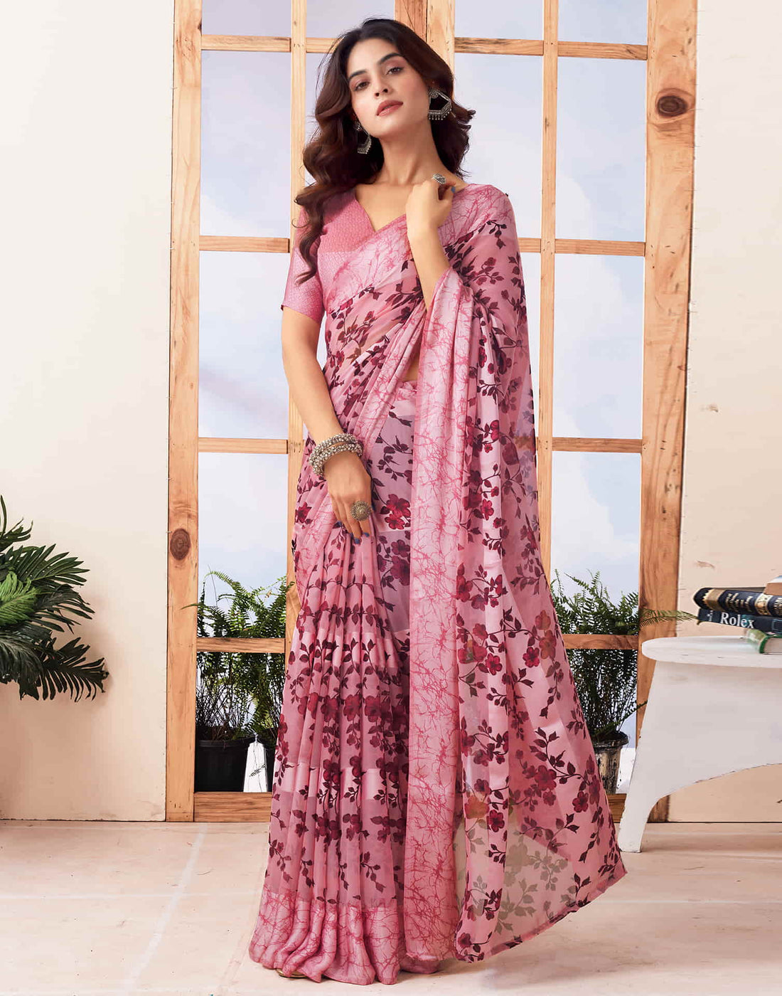 Rose Pink Printed Georgette Saree