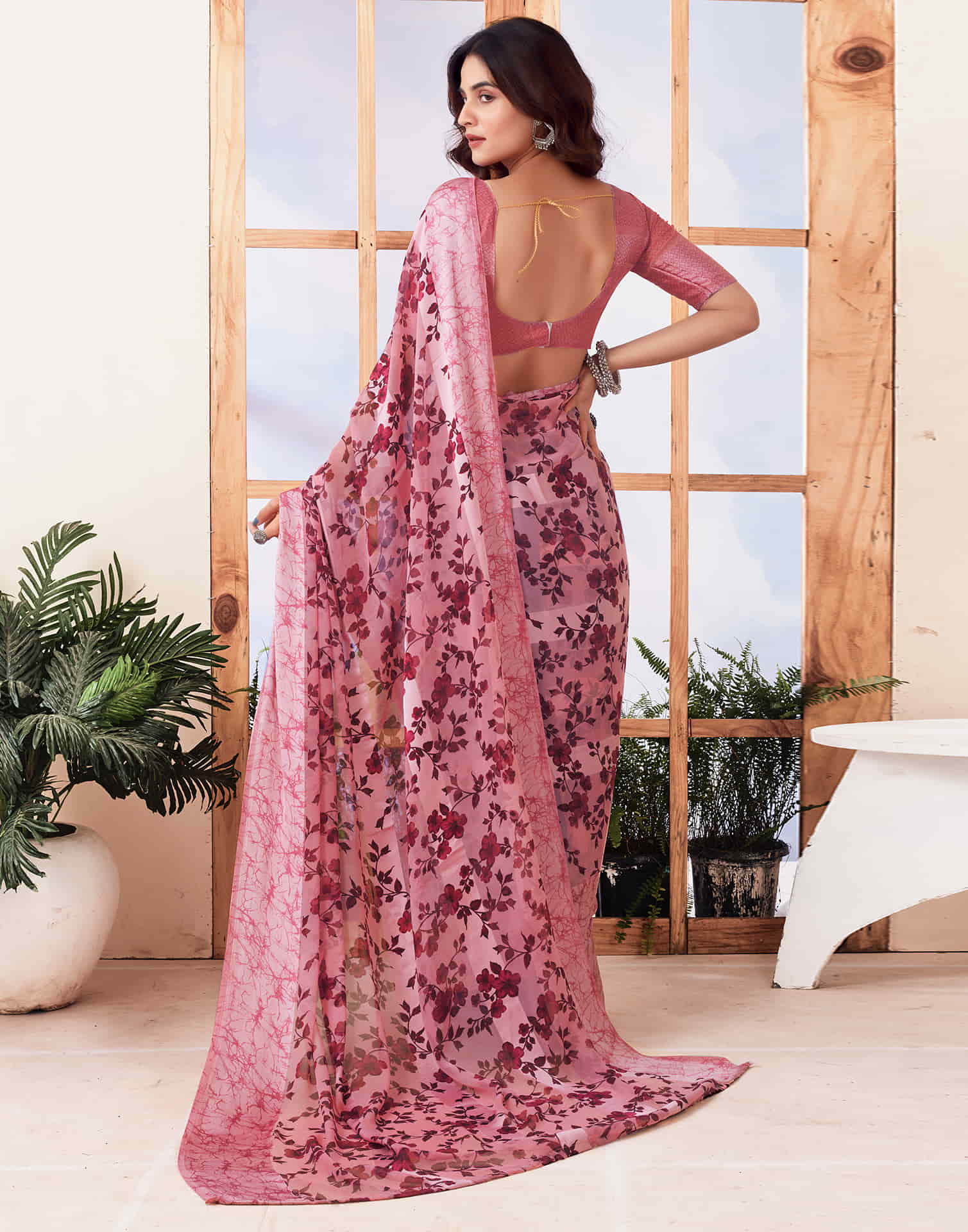 Rose Pink Printed Georgette Saree