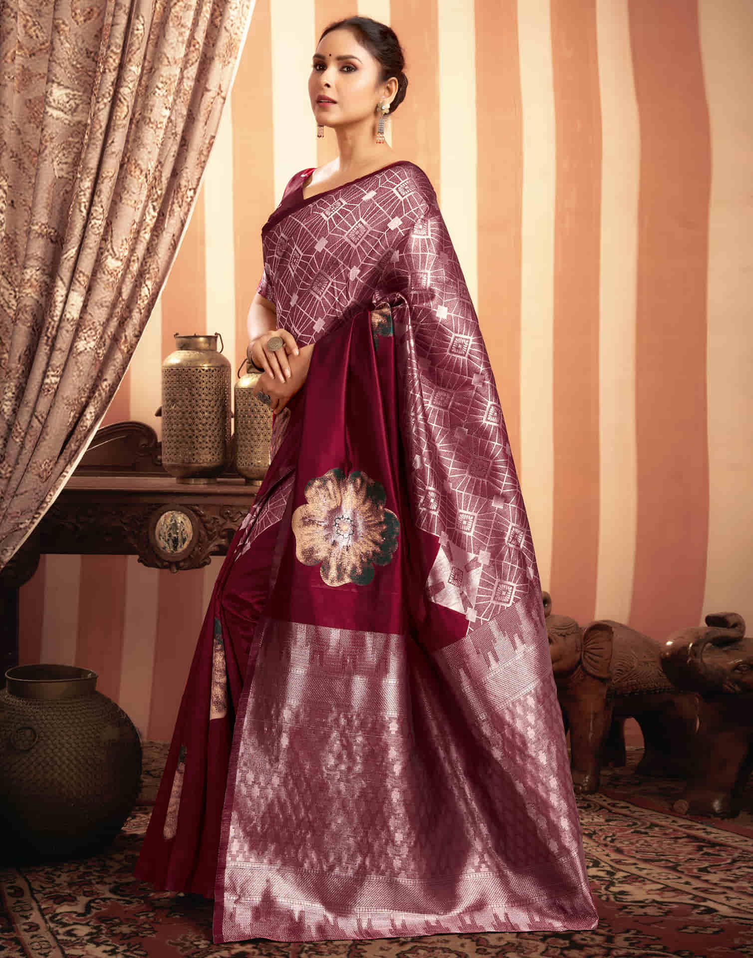 Dark Red Woven Banarasi Silk Saree