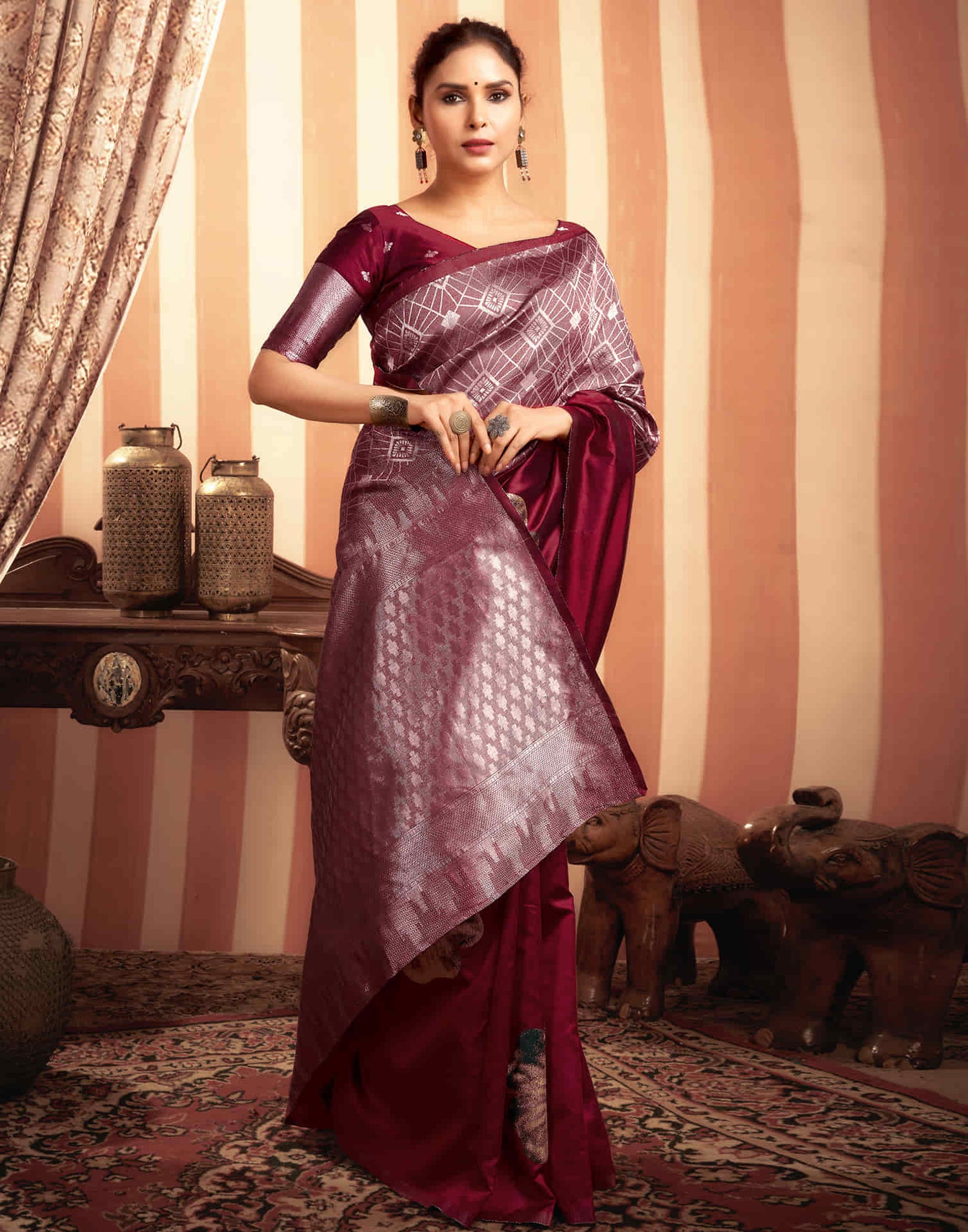 Dark Red Woven Banarasi Silk Saree