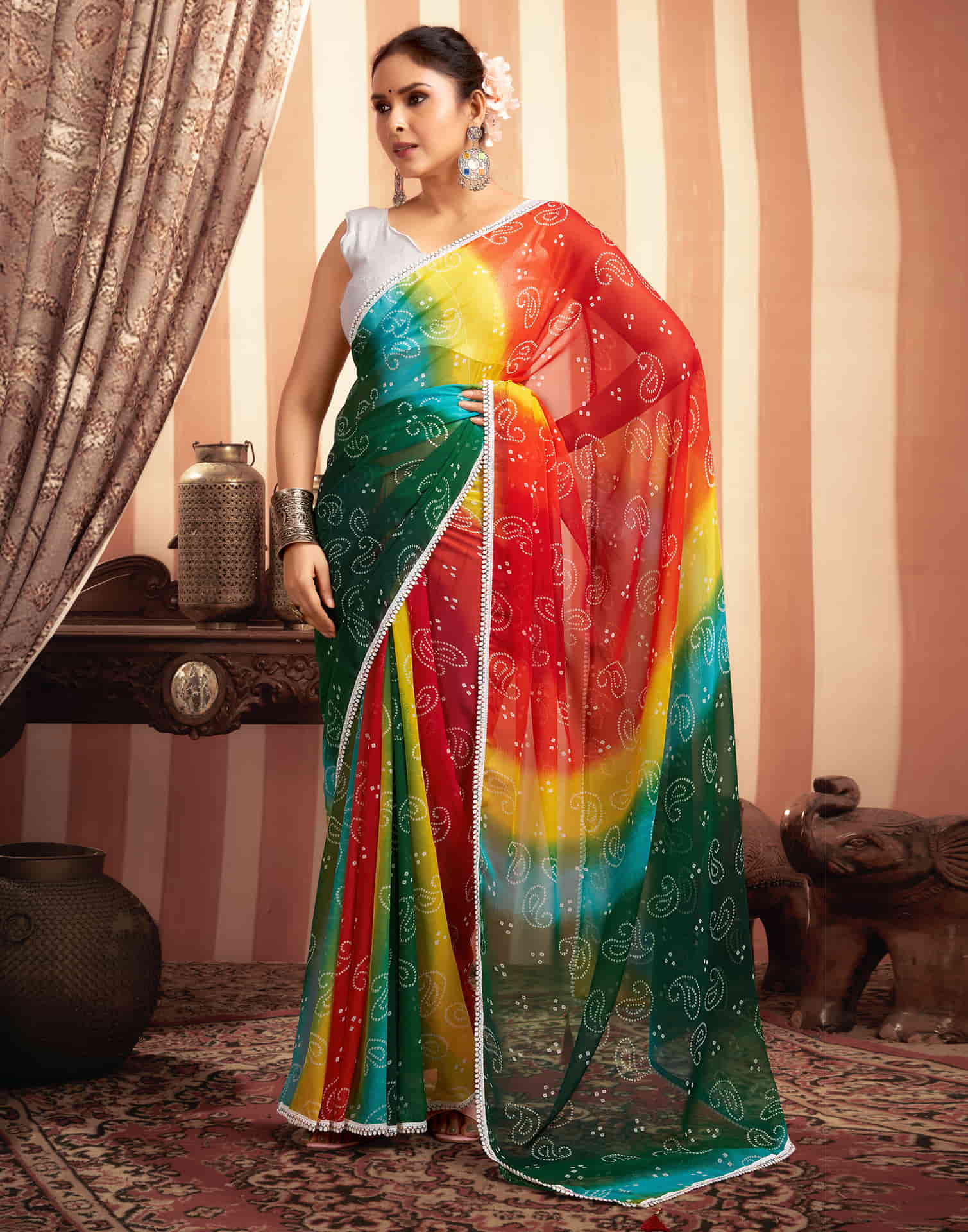 Bandhani print georgette sarees hotsell