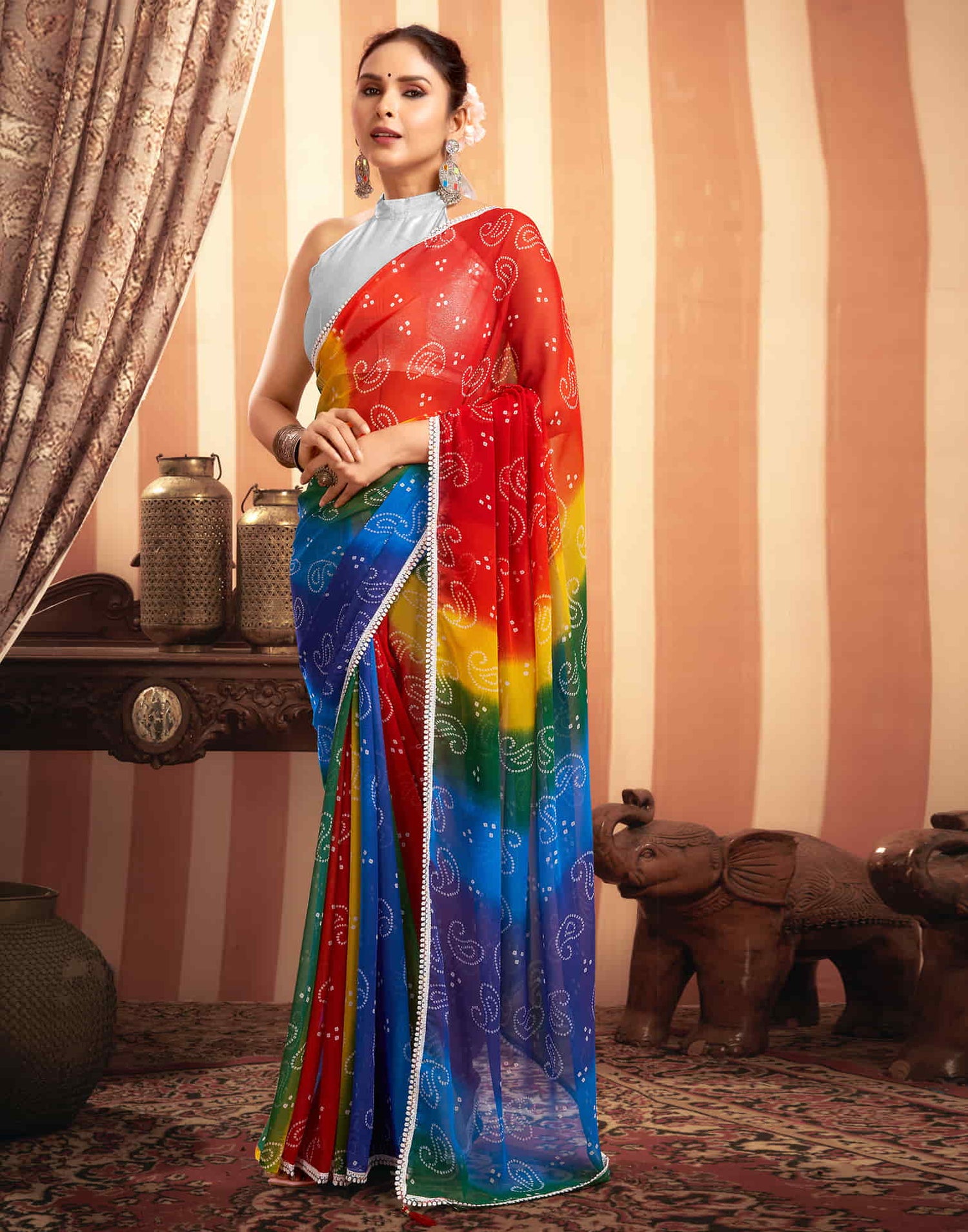 Red Bandhani  Printed Georgette Saree