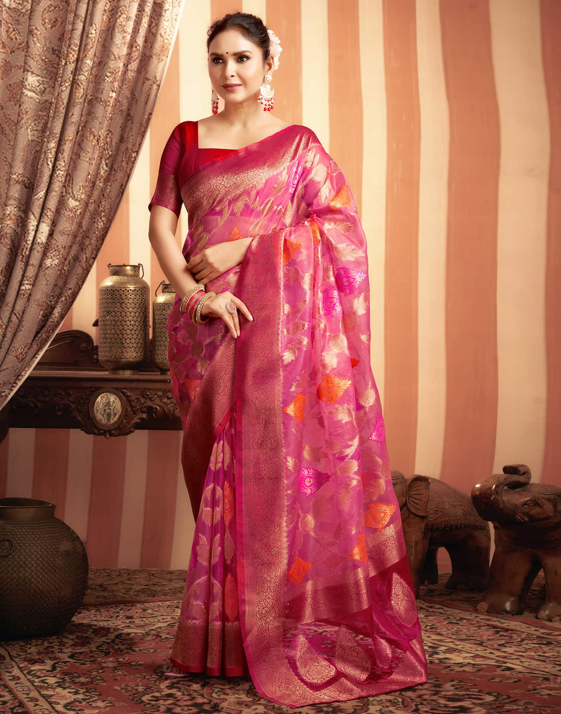 Light Pink Organza Jacquard Woven Saree