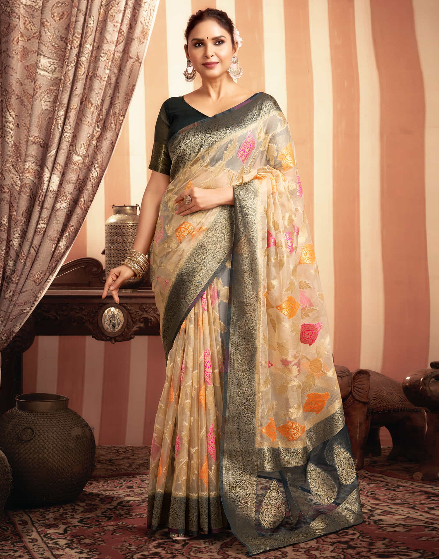 Beige Organza Jacquard Woven Saree