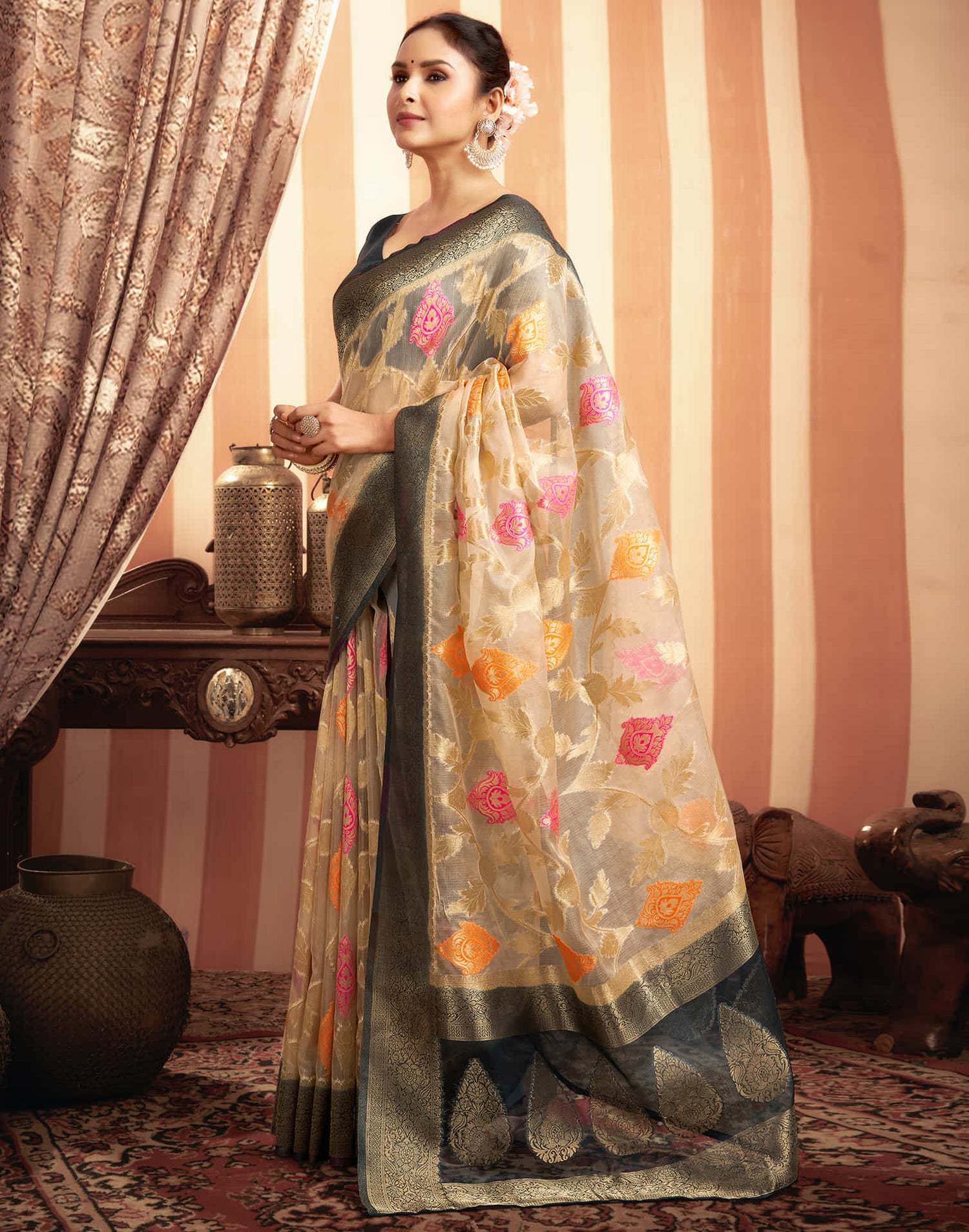 Beige Organza Jacquard Woven Saree