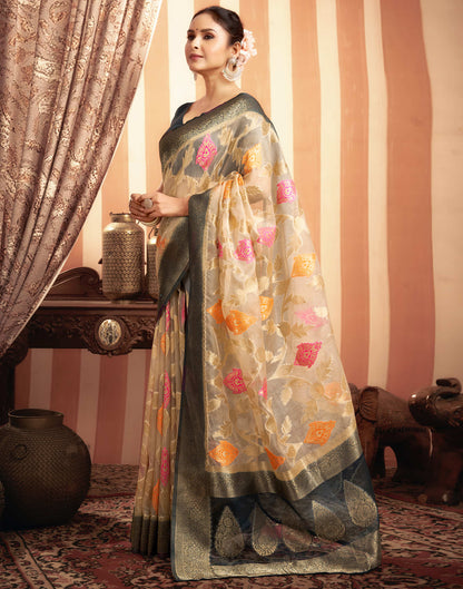 Beige Organza Jacquard Woven Saree