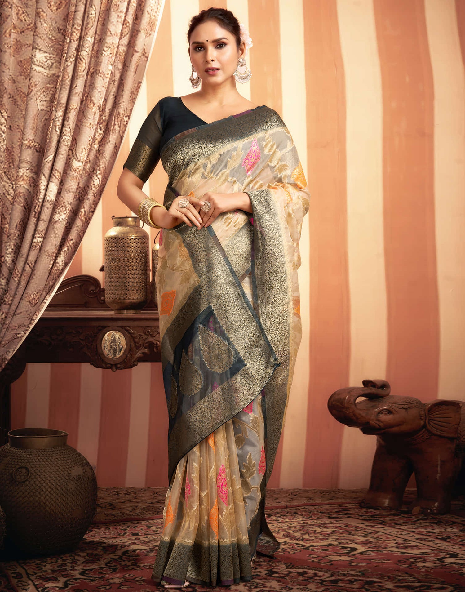 Beige Organza Jacquard Woven Saree