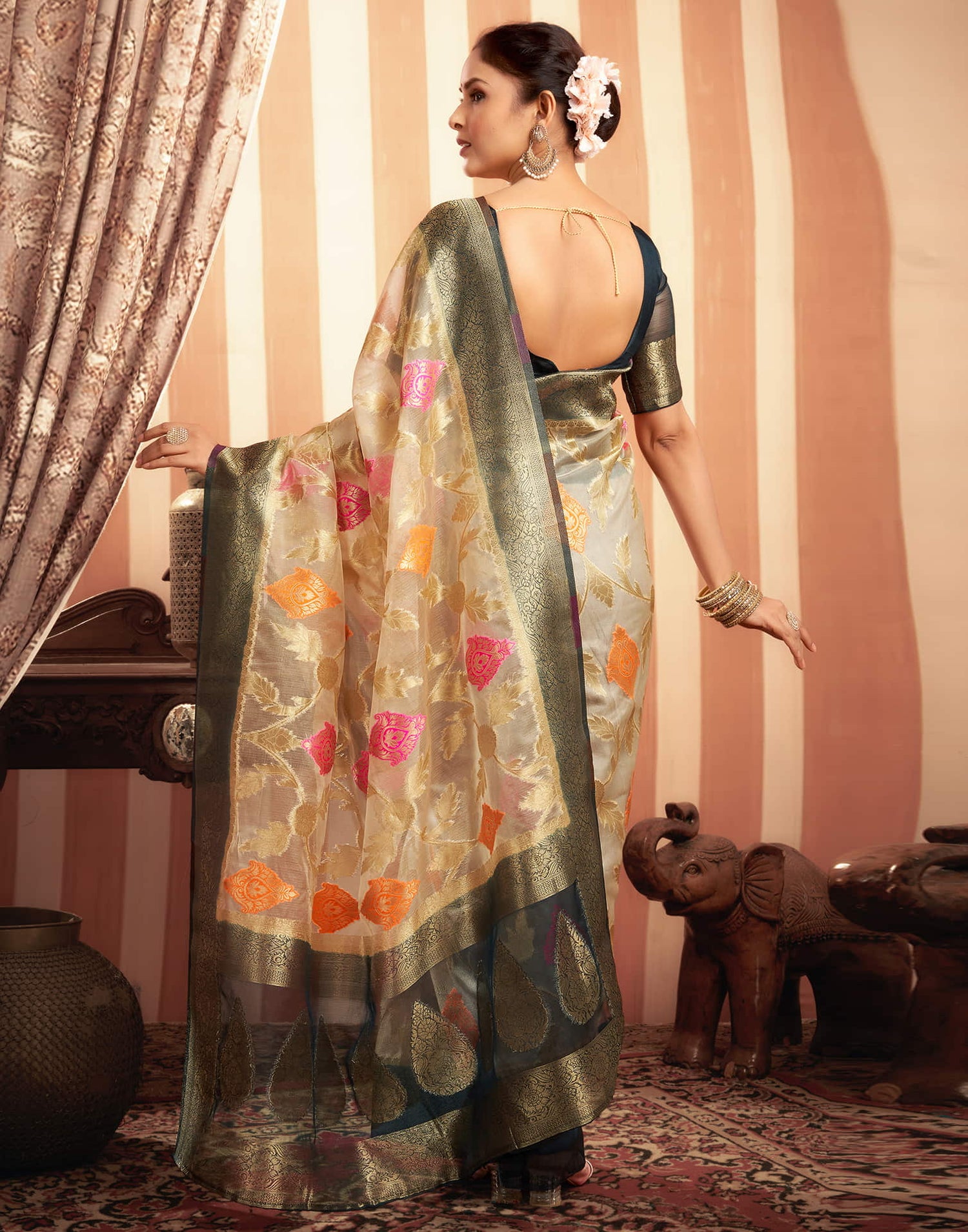 Beige Organza Jacquard Woven Saree
