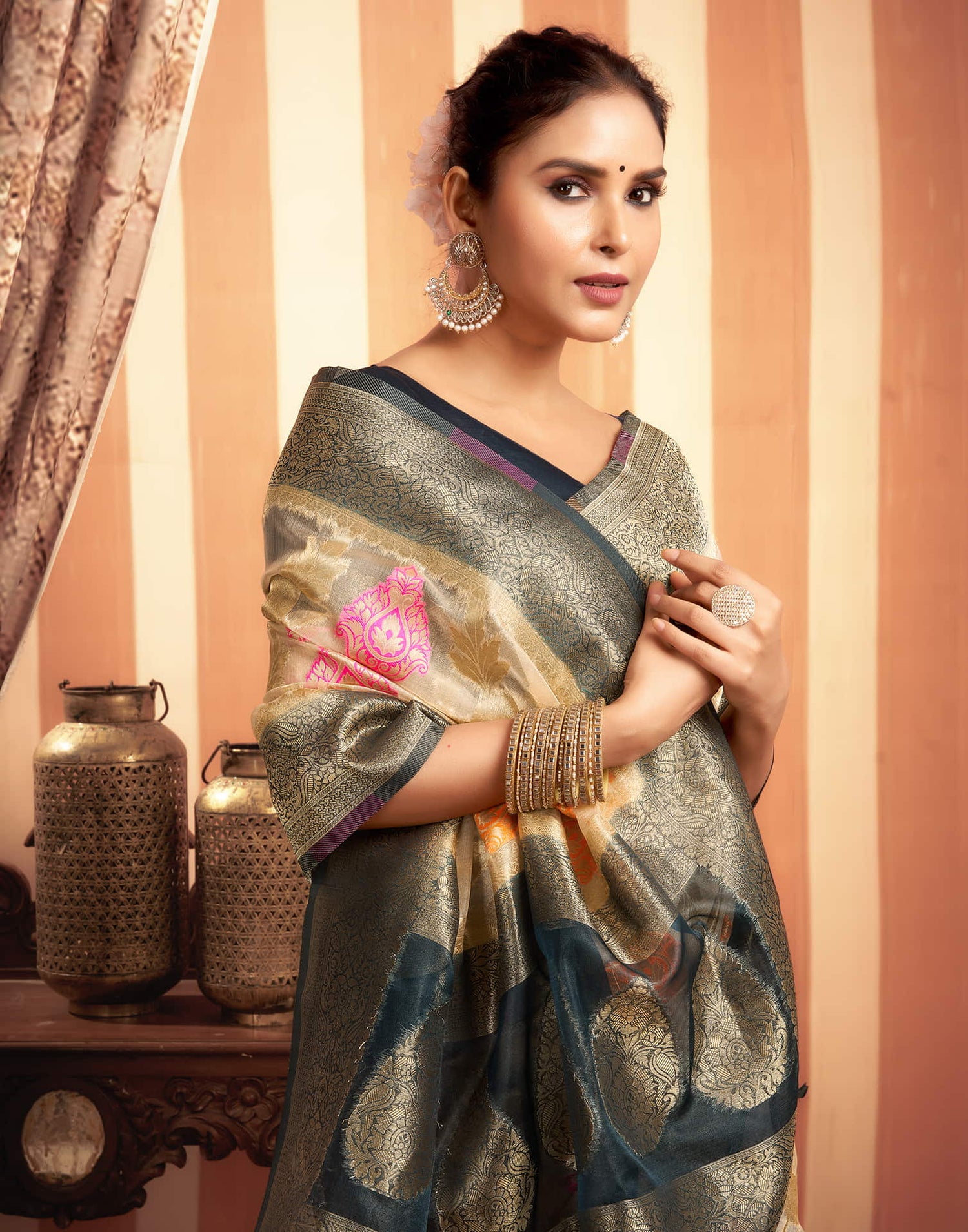 Beige Organza Jacquard Woven Saree