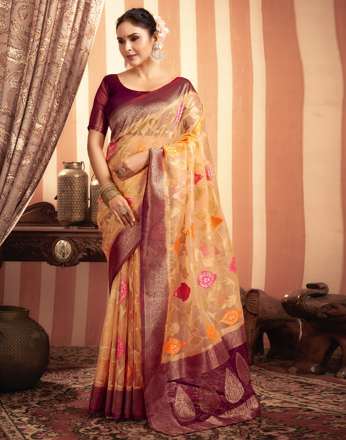 Cream Organza Jacquard Woven Saree